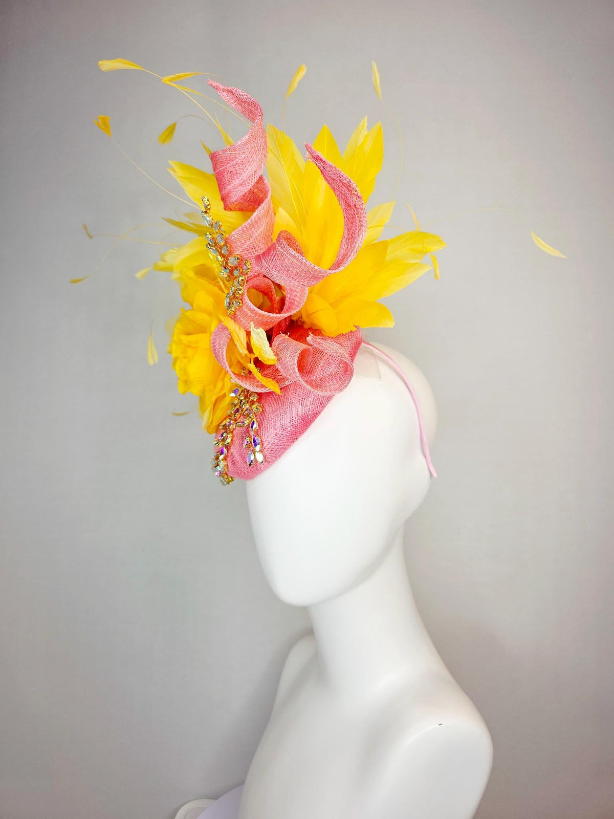 kentucky derby hat fascinator blush pink sinamay with curls leaf vine iridescent crystal rhinestone yellow satin rose yellow gold feathers