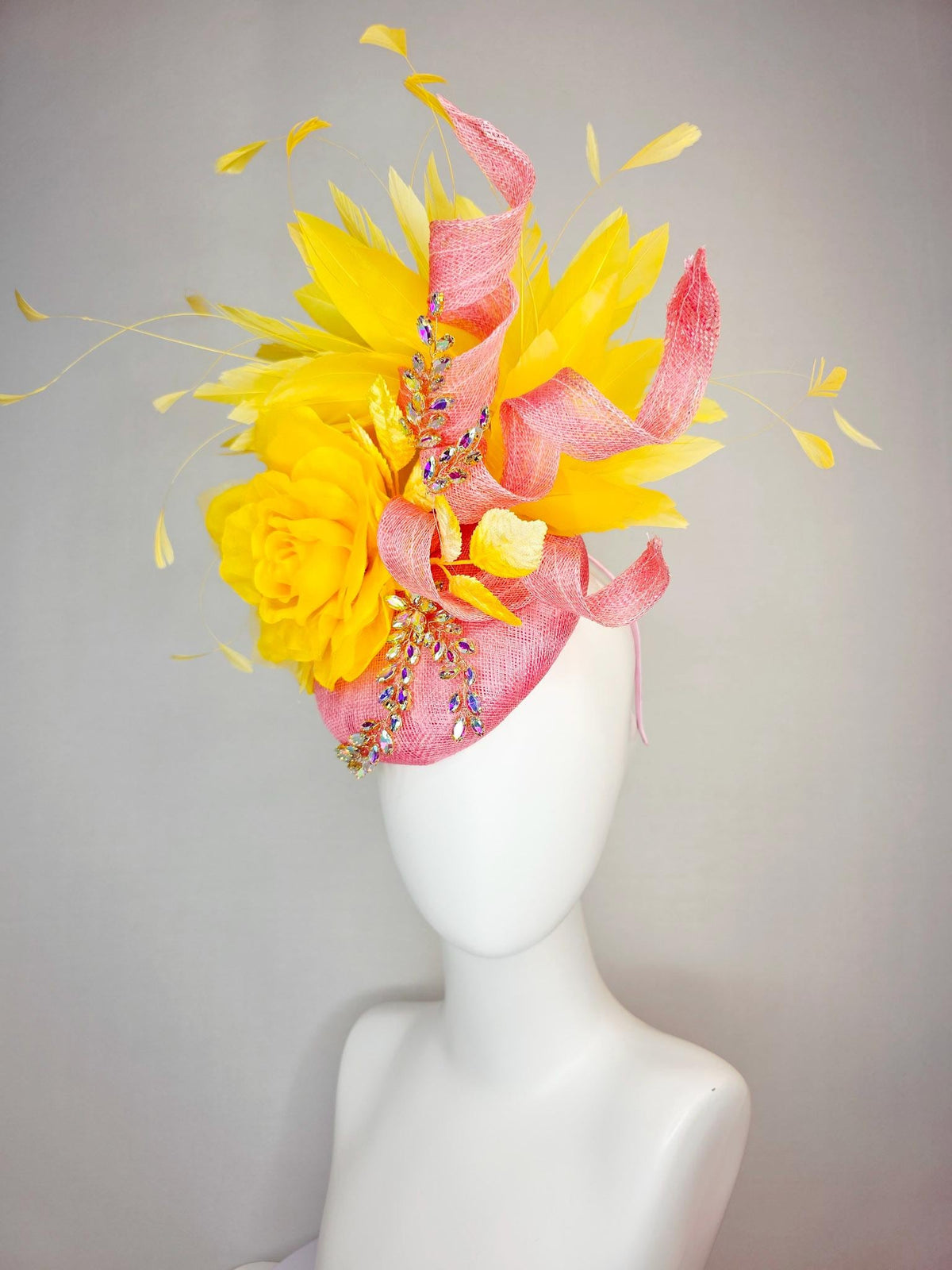 kentucky derby hat fascinator blush pink sinamay with curls leaf vine iridescent crystal rhinestone yellow satin rose yellow gold feathers