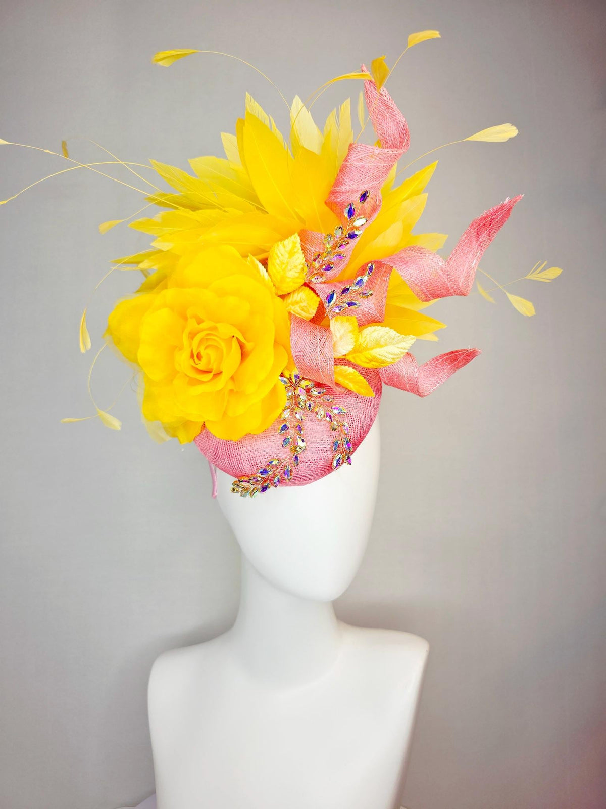 kentucky derby hat fascinator blush pink sinamay with curls leaf vine iridescent crystal rhinestone yellow satin rose yellow gold feathers