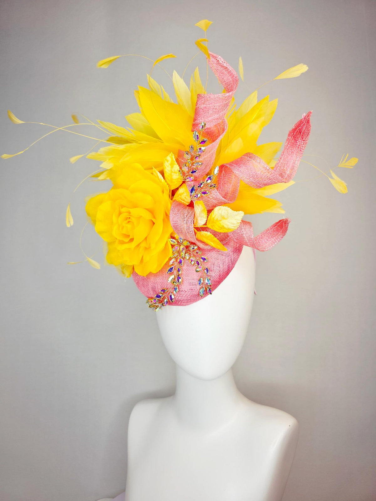 kentucky derby hat fascinator blush pink sinamay with curls leaf vine iridescent crystal rhinestone yellow satin rose yellow gold feathers