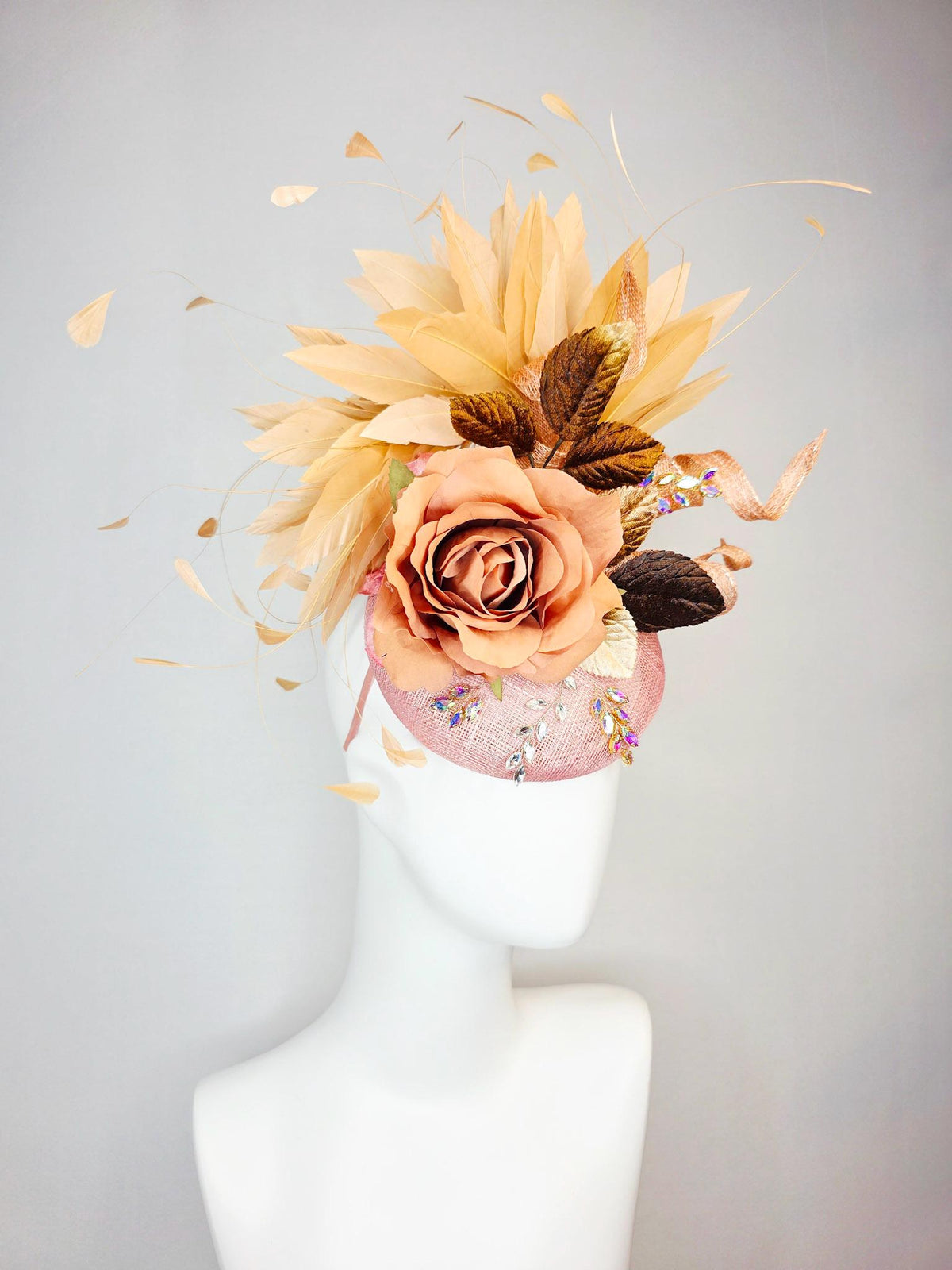kentucky derby hat fascinator champagne pink sinamay curls leaf vine iridescent crystals brown leaves peach satin rose tan beige feathers