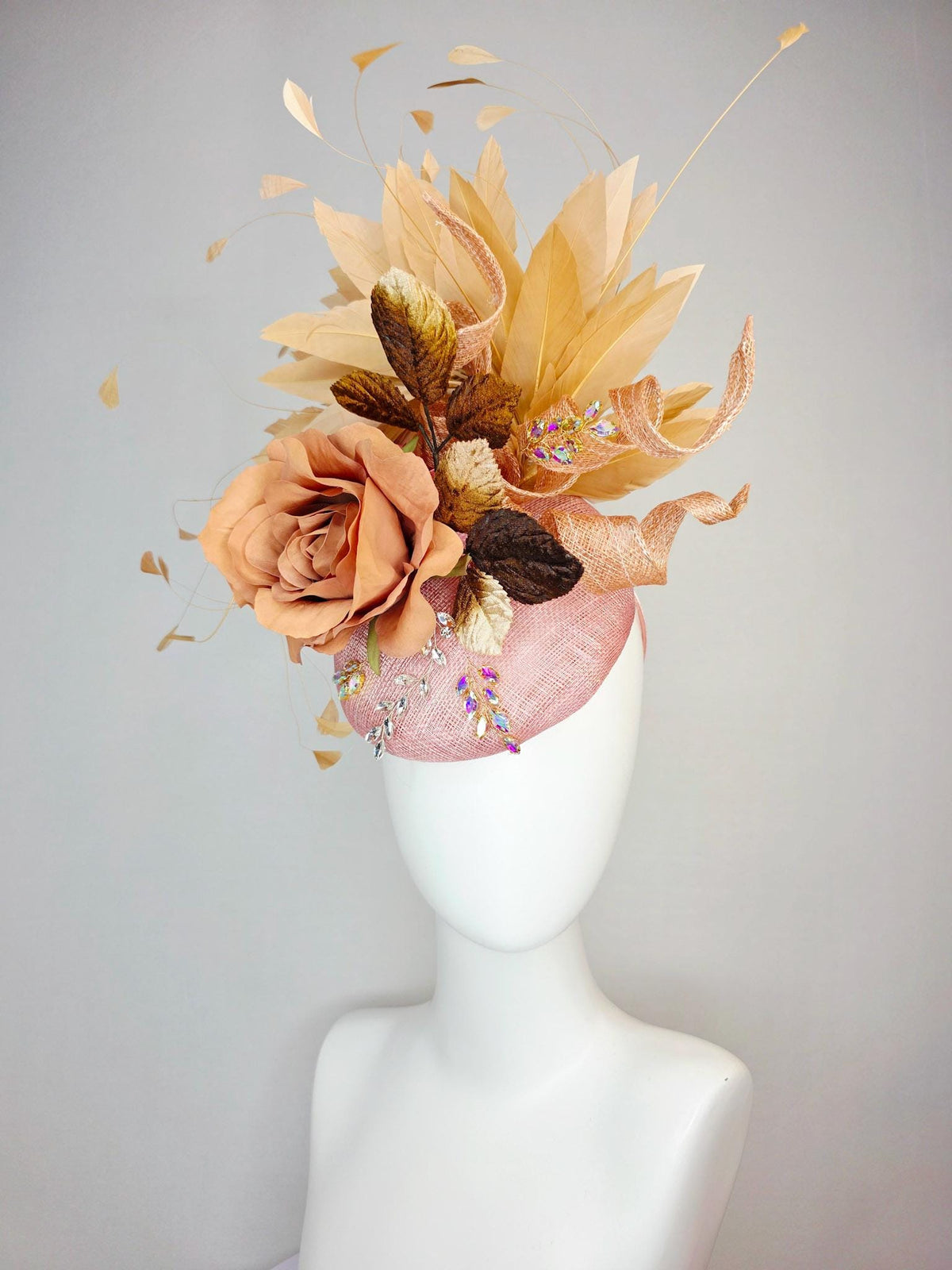 kentucky derby hat fascinator champagne pink sinamay curls leaf vine iridescent crystals brown leaves peach satin rose tan beige feathers