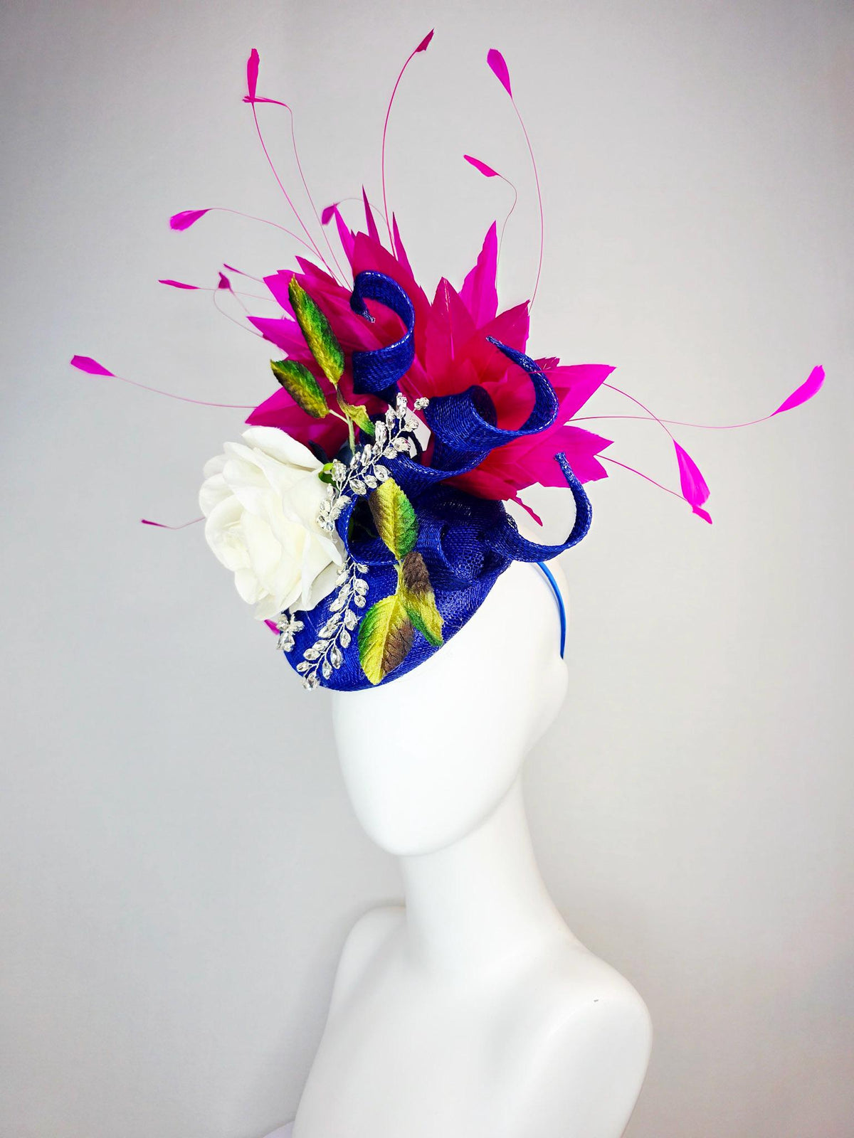 kentucky derby hat fascinator cobalt blue sinamay curls leaf vine crystals ivory white satin rose brown yellow green leaves pink feathers