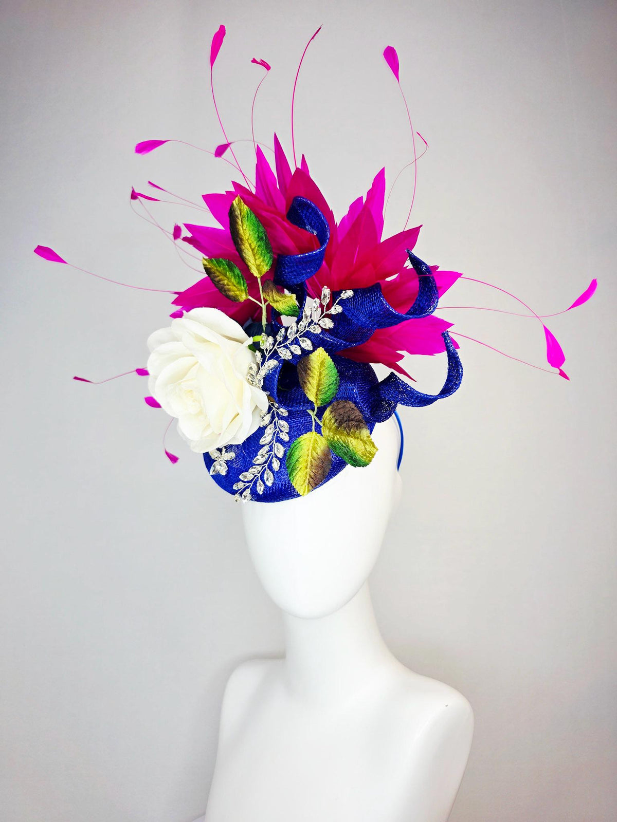 kentucky derby hat fascinator cobalt blue sinamay curls leaf vine crystals ivory white satin rose brown yellow green leaves pink feathers
