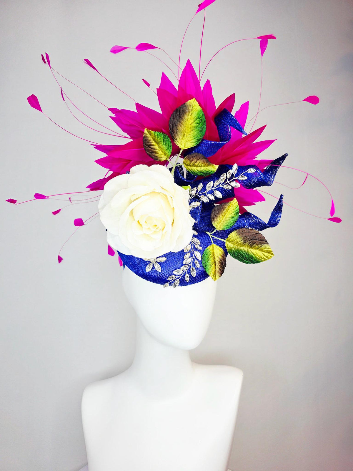 kentucky derby hat fascinator cobalt blue sinamay curls leaf vine crystals ivory white satin rose brown yellow green leaves pink feathers