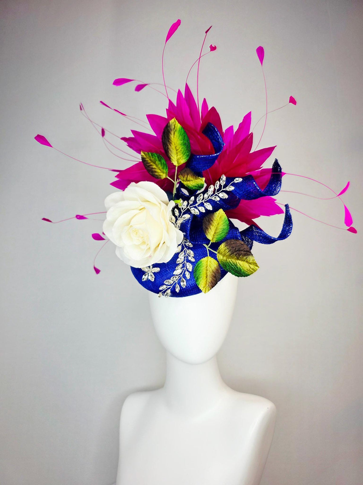 kentucky derby hat fascinator cobalt blue sinamay curls leaf vine crystals ivory white satin rose brown yellow green leaves pink feathers