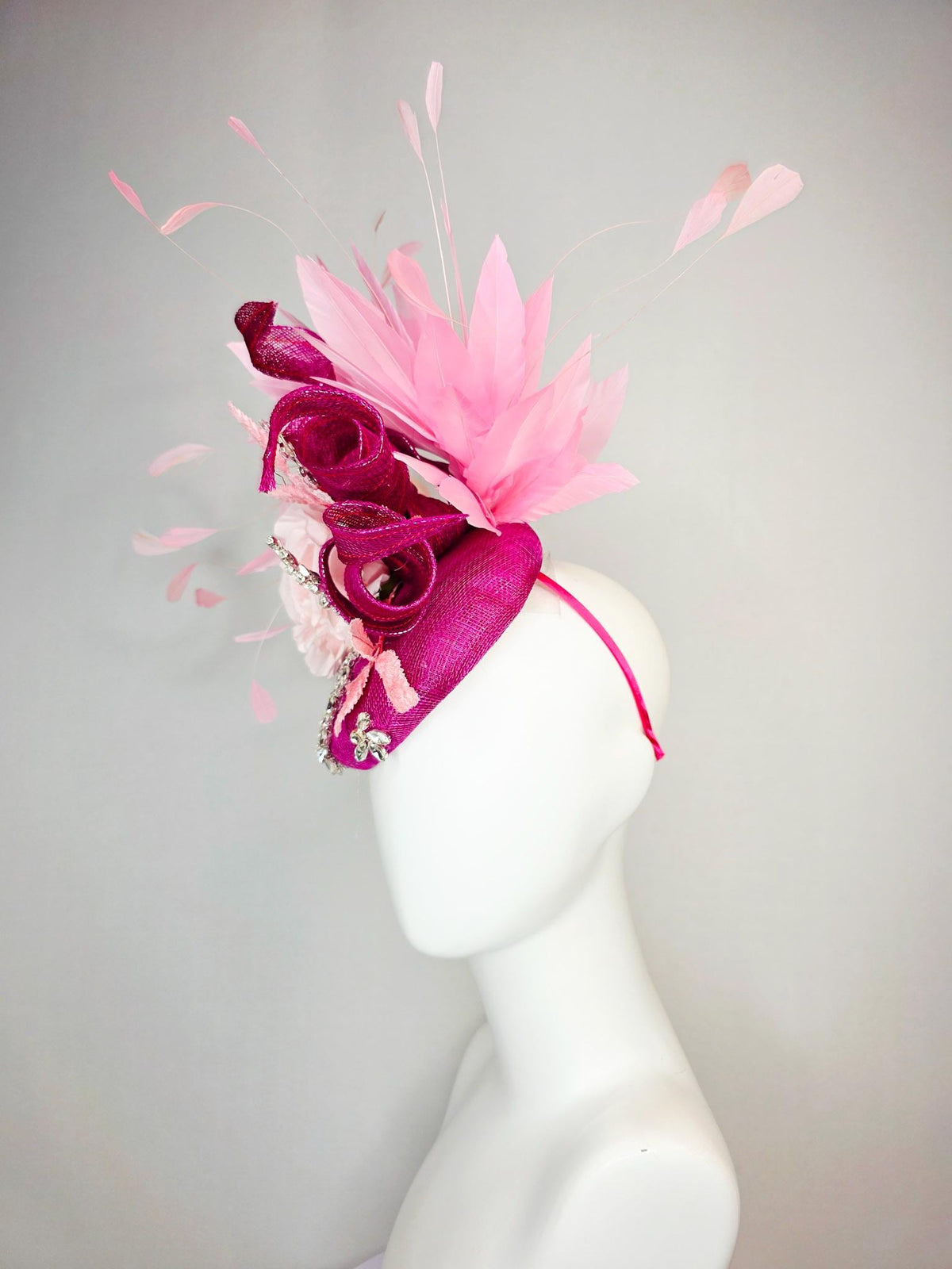kentucky derby hat fascinator magenta pink sinamay with curls leaf vine clear crystal rhinestone light pink satin rose baby pink feathers