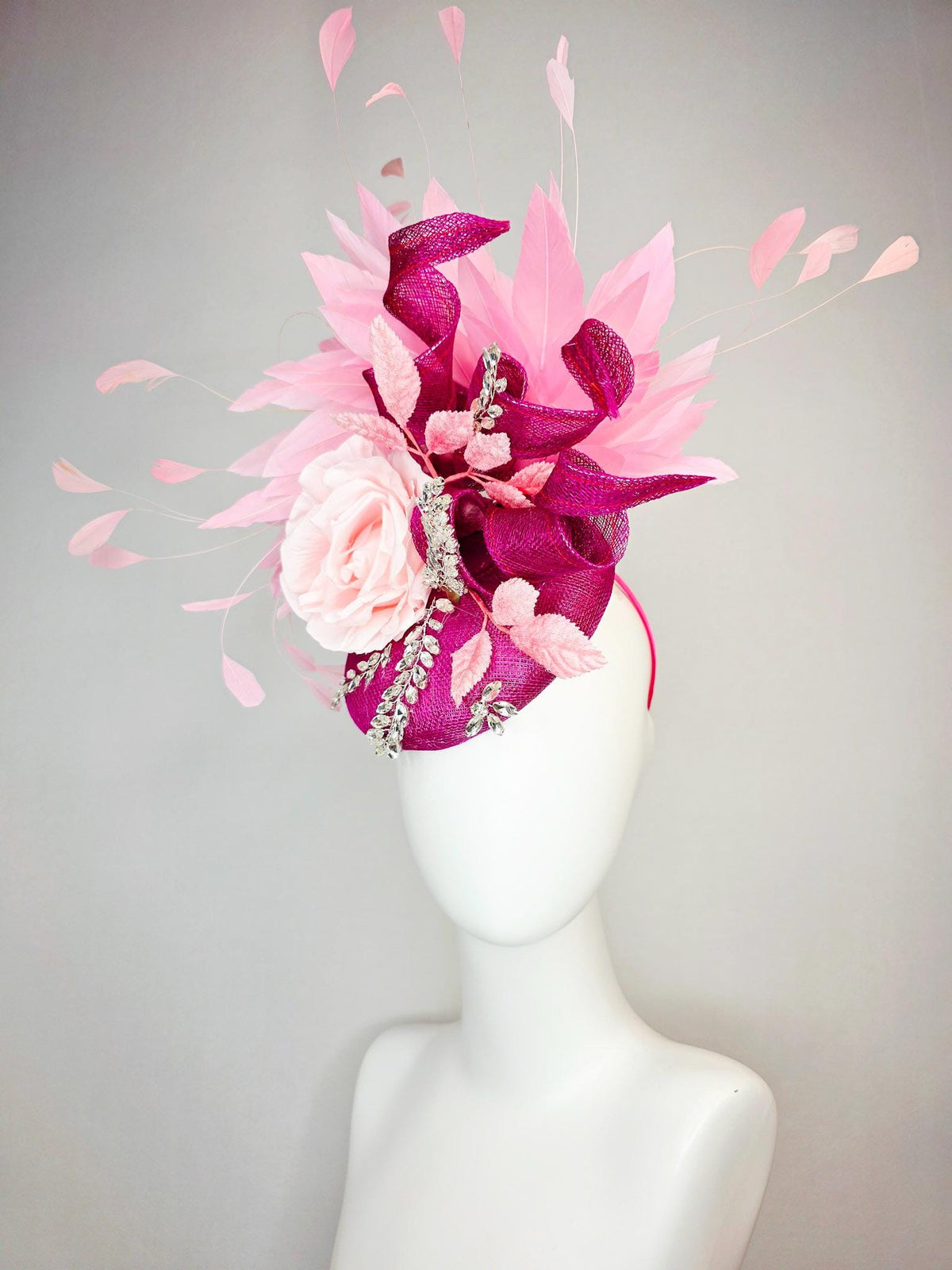 kentucky derby hat fascinator magenta pink sinamay with curls leaf vine clear crystal rhinestone light pink satin rose baby pink feathers