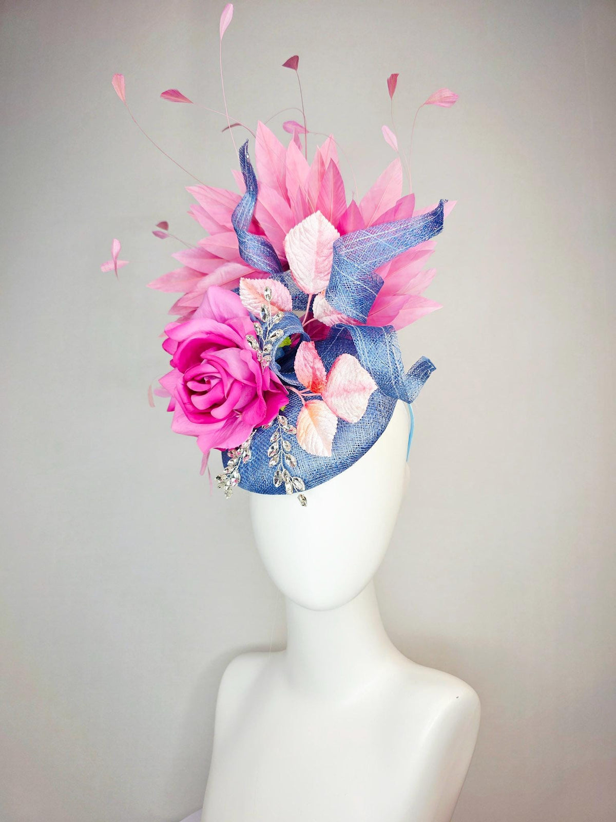 kentucky derby hat fascinator denim blue sinamay with curls leaf vine clear crystals pink satin rose light pink leaves blush pink feathers