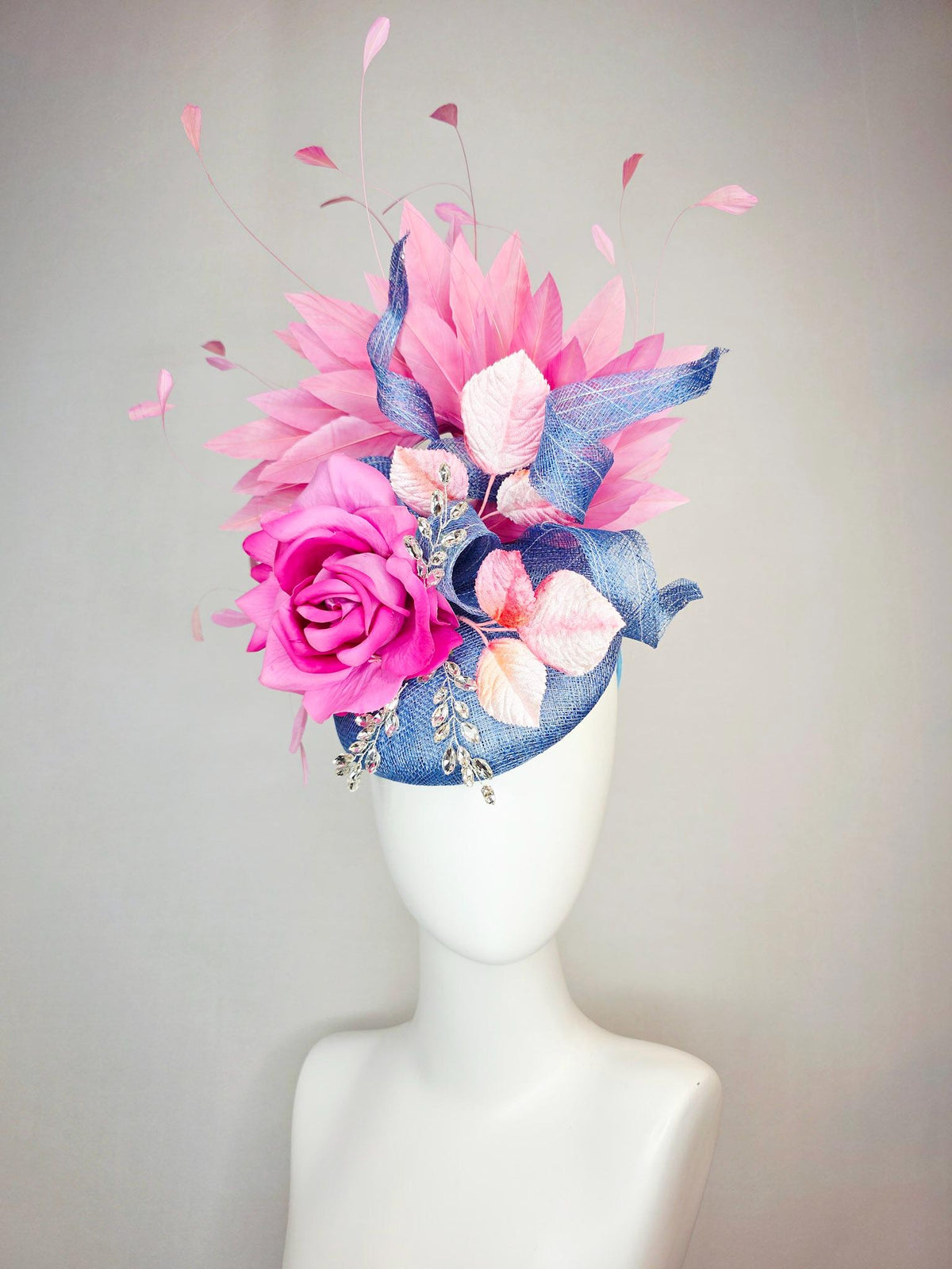 kentucky derby hat fascinator denim blue sinamay with curls leaf vine clear crystals pink satin rose light pink leaves blush pink feathers
