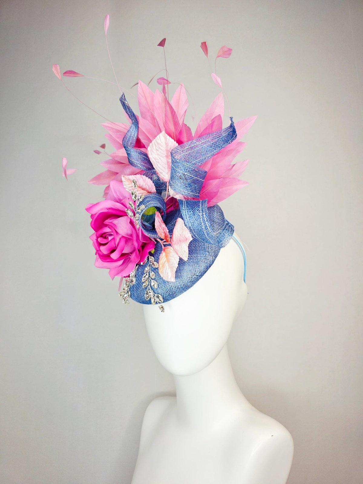 kentucky derby hat fascinator denim blue sinamay with curls leaf vine clear crystals pink satin rose light pink leaves blush pink feathers
