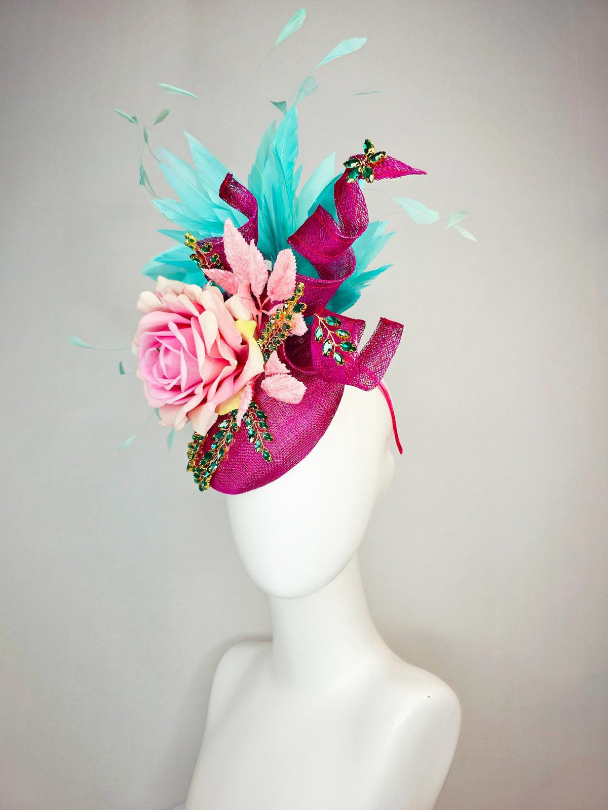 kentucky derby hat fascinator magenta pink sinamay with curls leaf vine green crystals ombre pink satin rose turquoise aqua blue feathers