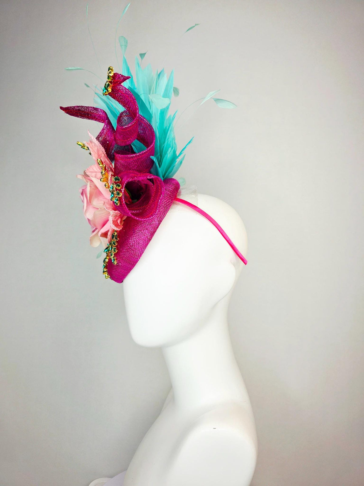 kentucky derby hat fascinator magenta pink sinamay with curls leaf vine green crystals ombre pink satin rose turquoise aqua blue feathers