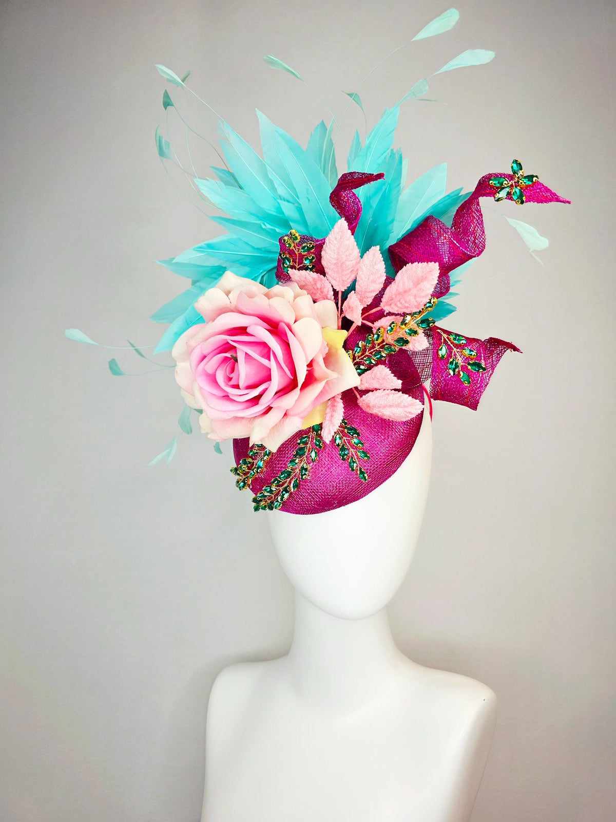 kentucky derby hat fascinator magenta pink sinamay with curls leaf vine green crystals ombre pink satin rose turquoise aqua blue feathers