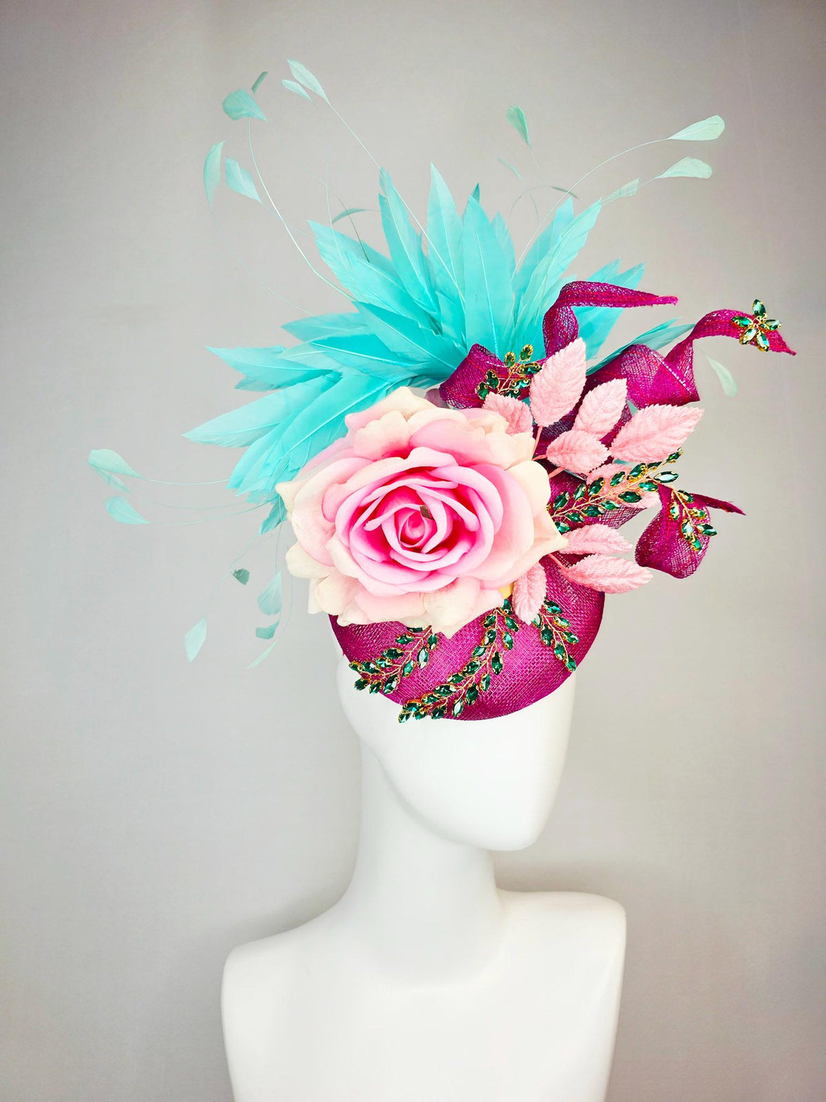 kentucky derby hat fascinator magenta pink sinamay with curls leaf vine green crystals ombre pink satin rose turquoise aqua blue feathers