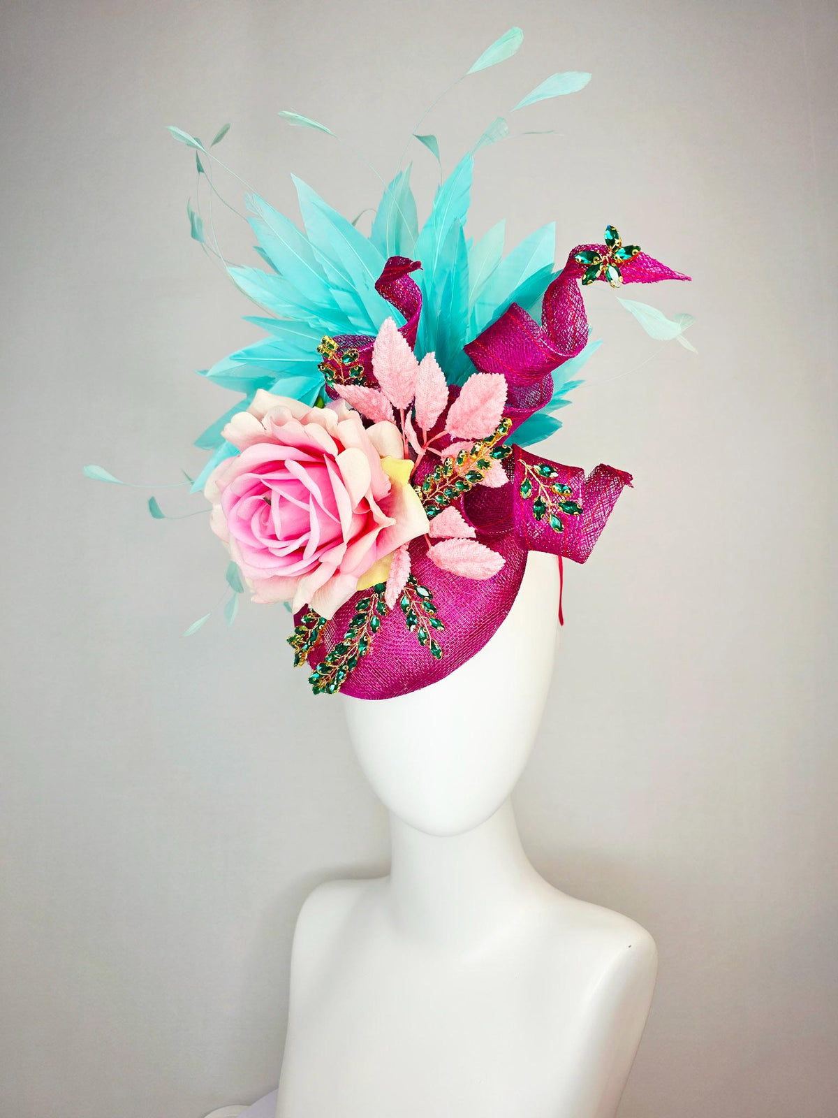 kentucky derby hat fascinator magenta pink sinamay with curls leaf vine green crystals ombre pink satin rose turquoise aqua blue feathers