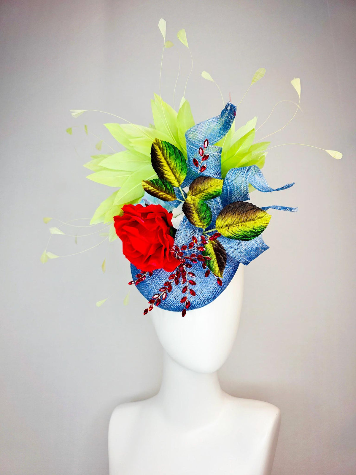kentucky derby hat fascinator denim blue sinamay with curls leaf vine red crystals red satin rose brown yellow leaves lime green feathers