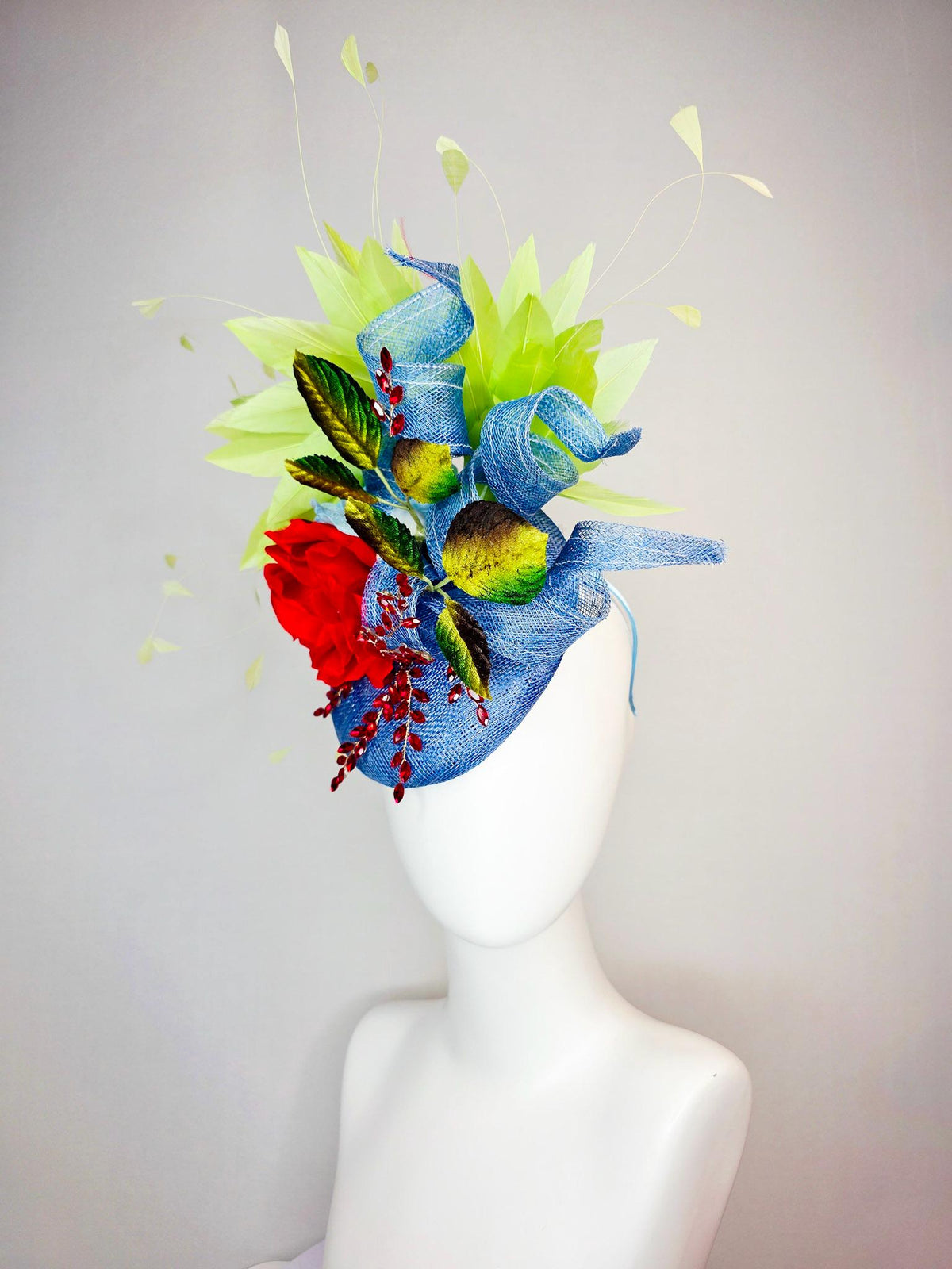 kentucky derby hat fascinator denim blue sinamay with curls leaf vine red crystals red satin rose brown yellow leaves lime green feathers