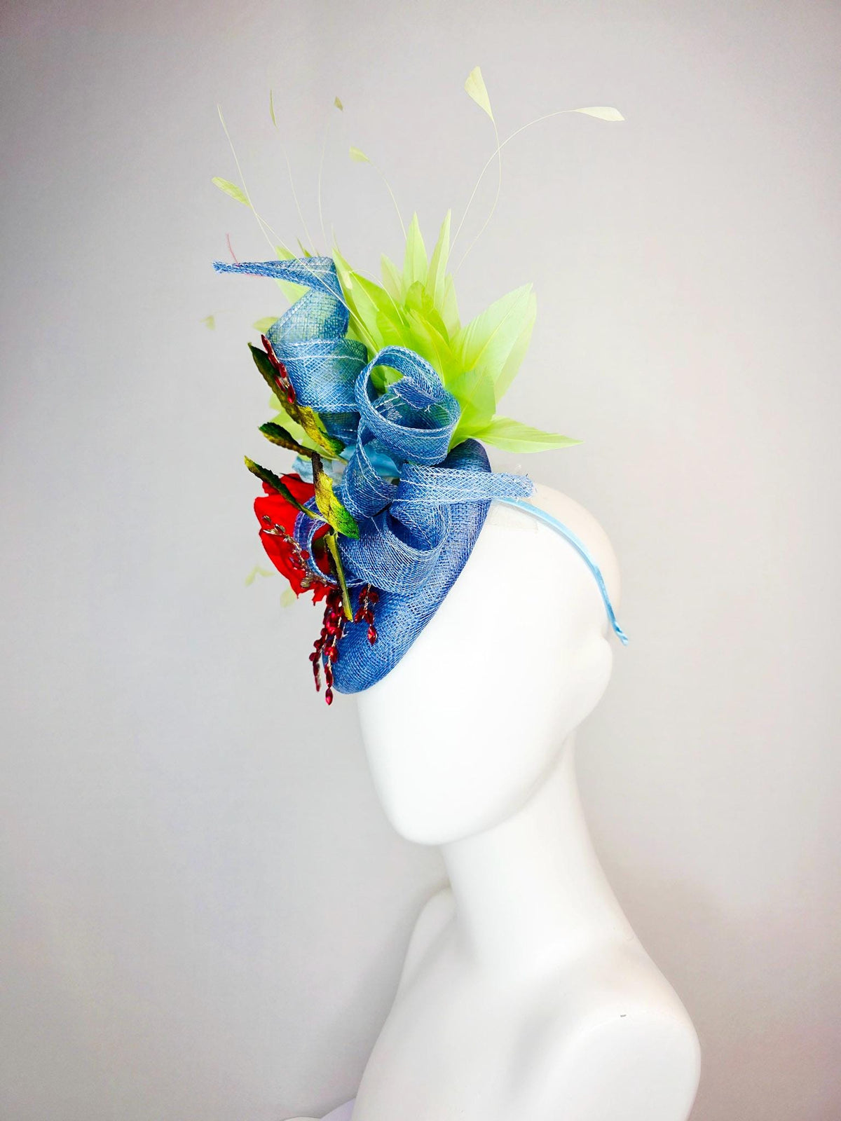 kentucky derby hat fascinator denim blue sinamay with curls leaf vine red crystals red satin rose brown yellow leaves lime green feathers
