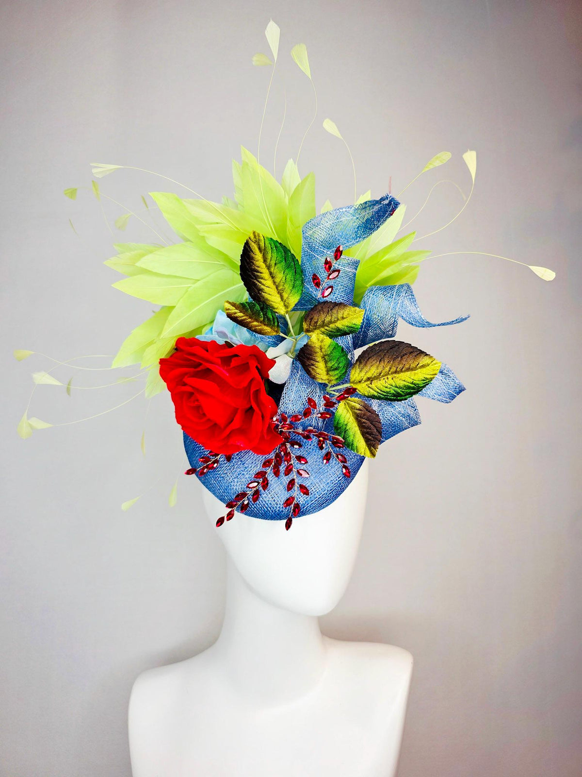 kentucky derby hat fascinator denim blue sinamay with curls leaf vine red crystals red satin rose brown yellow leaves lime green feathers