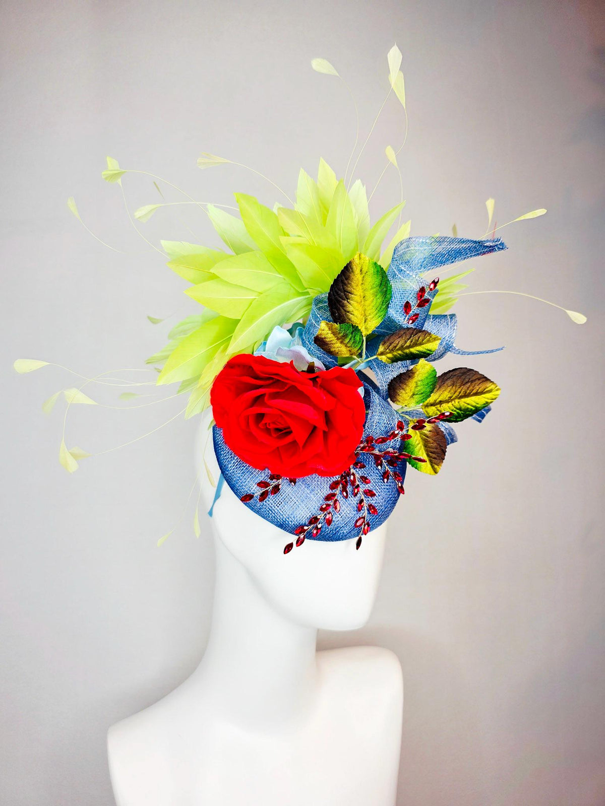 kentucky derby hat fascinator denim blue sinamay with curls leaf vine red crystals red satin rose brown yellow leaves lime green feathers