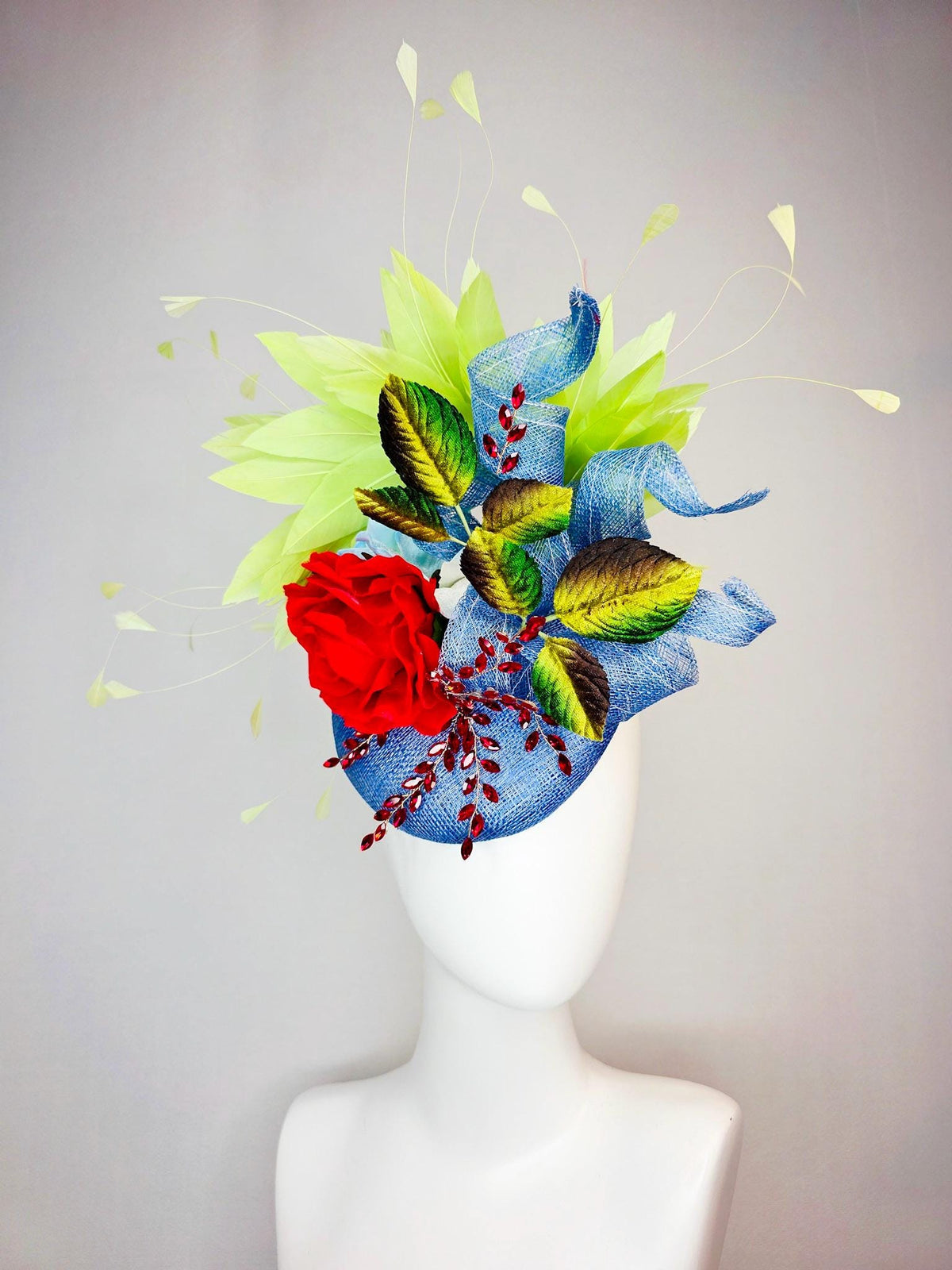 kentucky derby hat fascinator denim blue sinamay with curls leaf vine red crystals red satin rose brown yellow leaves lime green feathers