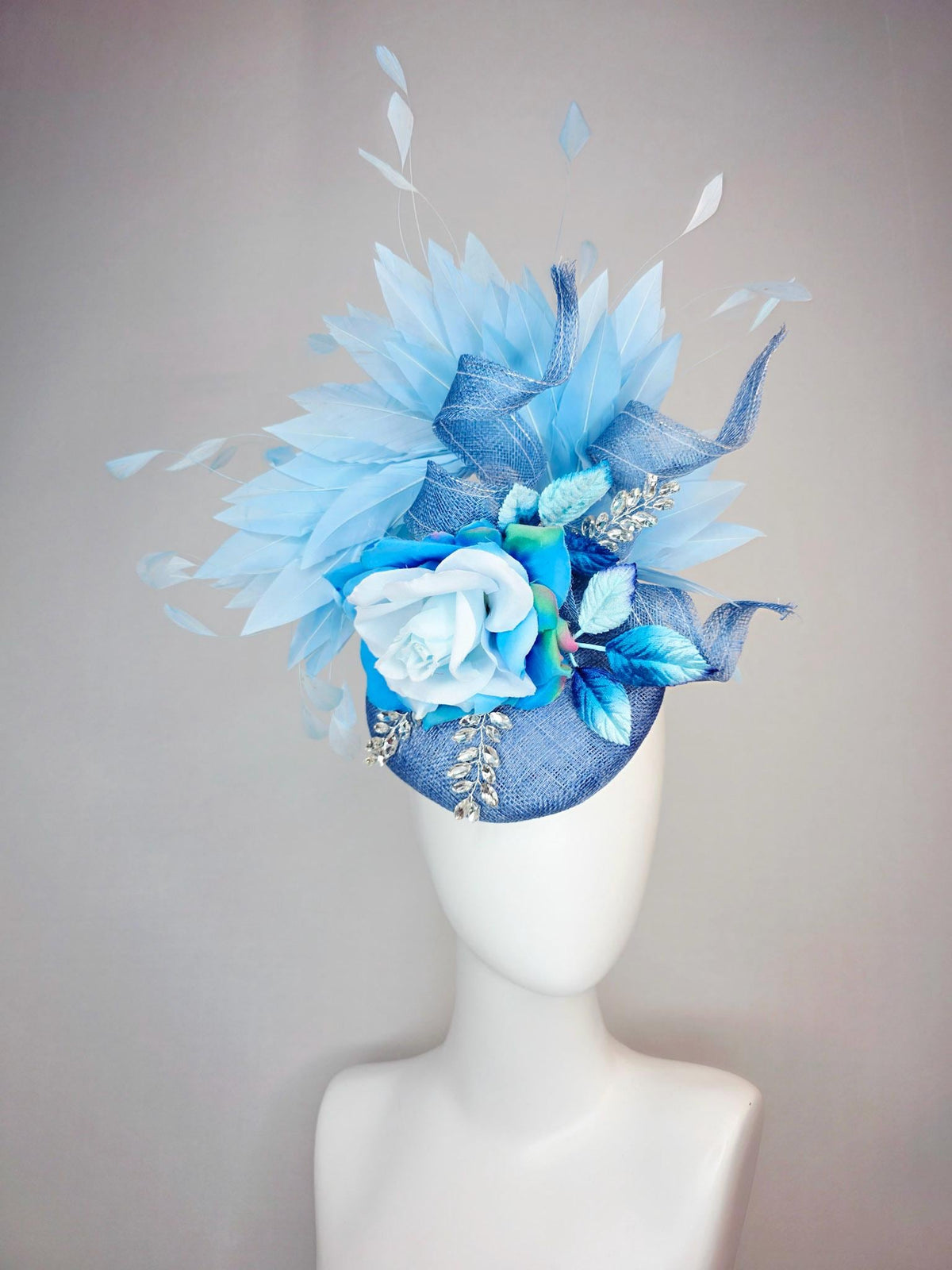 kentucky derby hat fascinator denim blue sinamay with curls leaf vine clear crystal sky blue satin rose ombre blue leaves baby blue feathers