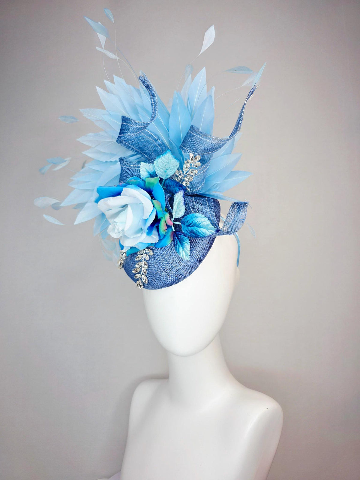 kentucky derby hat fascinator denim blue sinamay with curls leaf vine clear crystal sky blue satin rose ombre blue leaves baby blue feathers