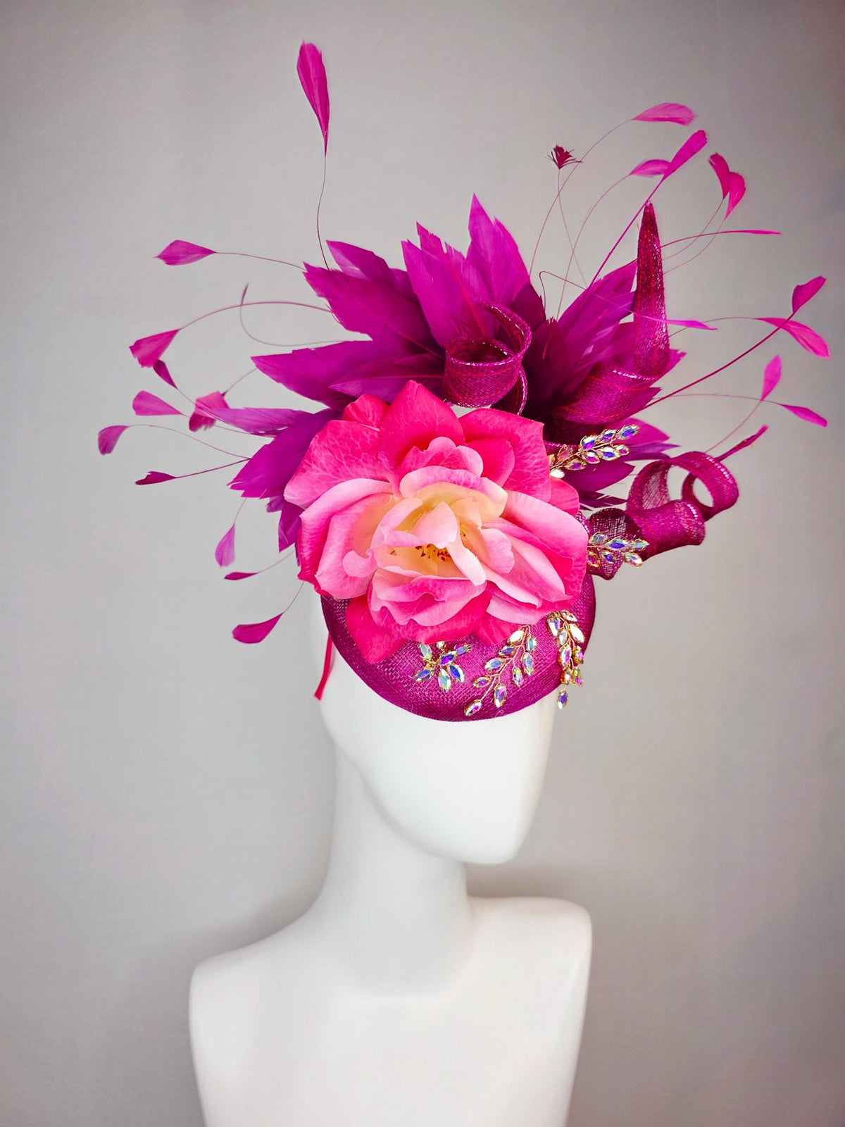 kentucky derby hat fascinator magenta purple sinamay with curls leaf vine iridescent crystals ombre hot pink satin rose magenta feathers