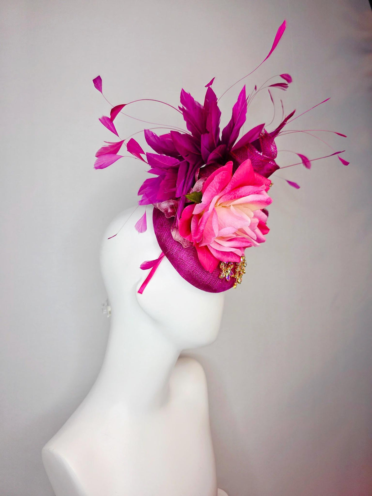 kentucky derby hat fascinator magenta purple sinamay with curls leaf vine iridescent crystals ombre hot pink satin rose magenta feathers