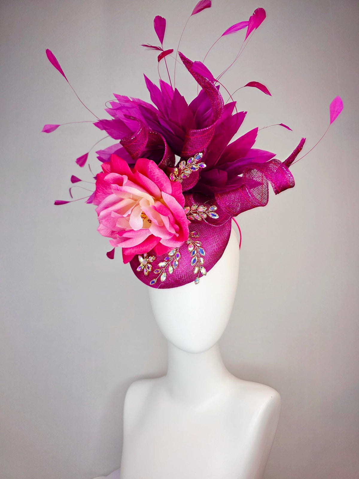 kentucky derby hat fascinator magenta purple sinamay with curls leaf vine iridescent crystals ombre hot pink satin rose magenta feathers