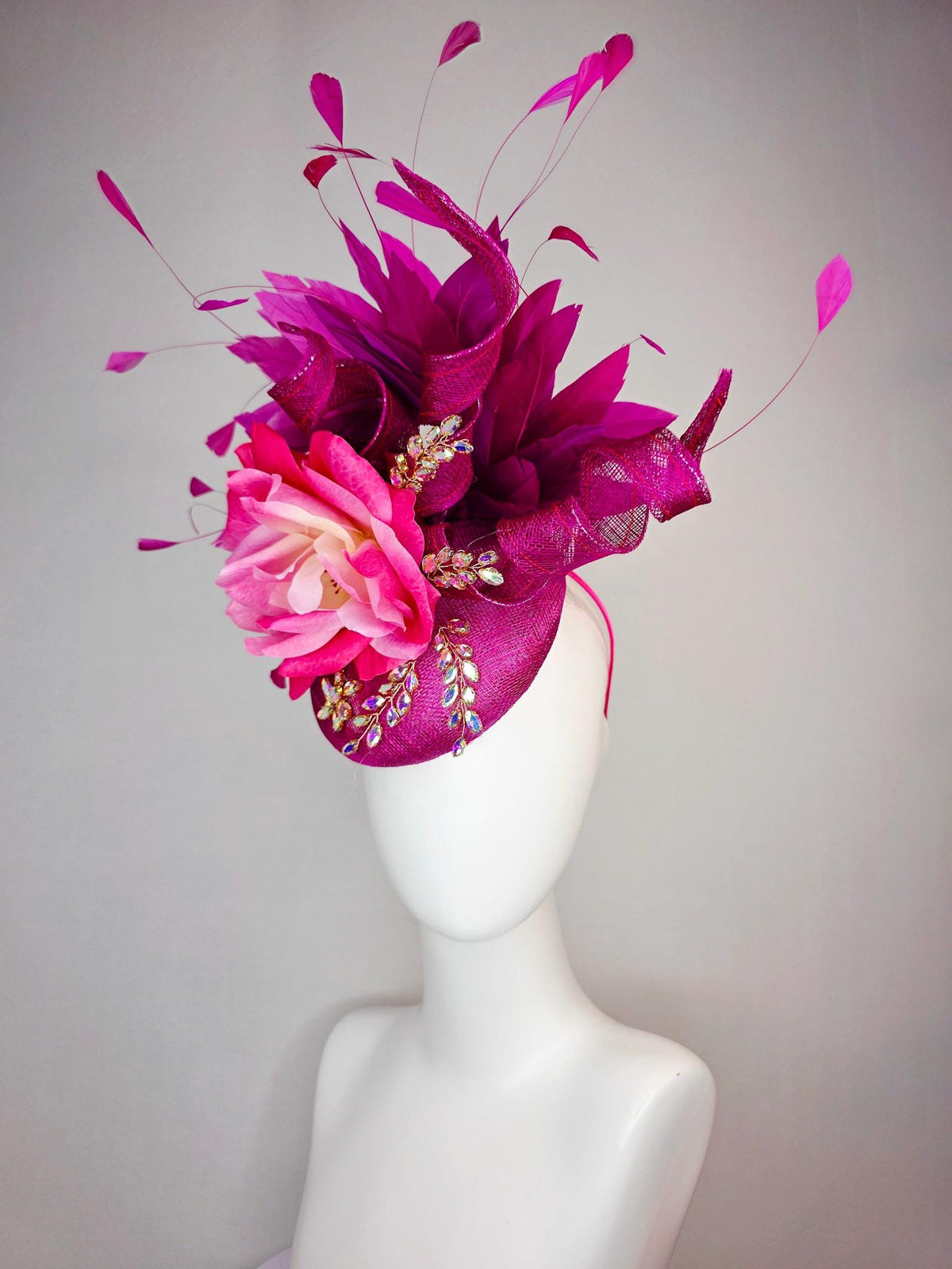 kentucky derby hat fascinator magenta purple sinamay with curls leaf vine iridescent crystals ombre hot pink satin rose magenta feathers
