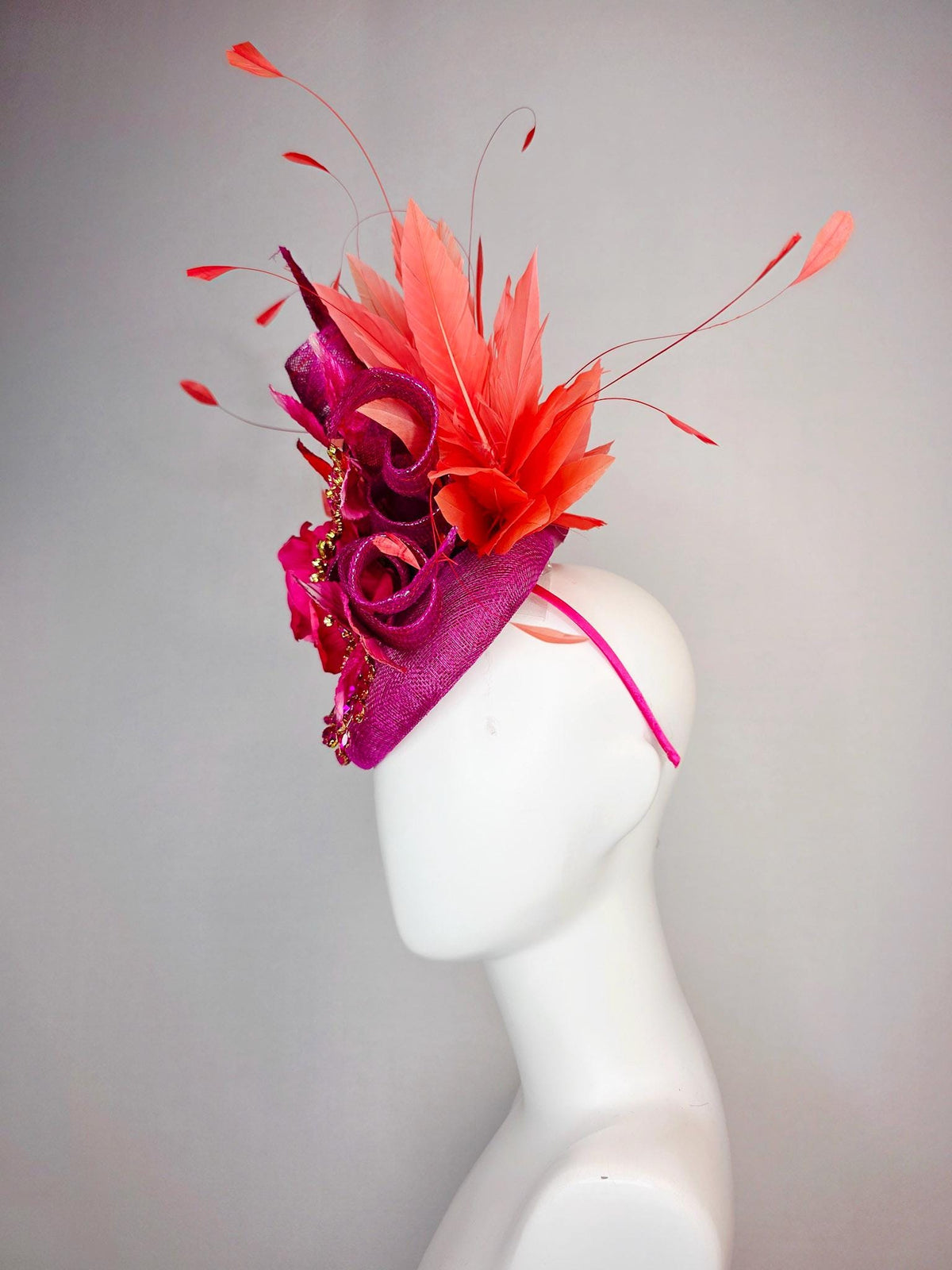 kentucky derby hat fascinator magenta purple sinamay with curls leaf vine pink crystal rhinestone hot pink satin rose leaves orange feathers