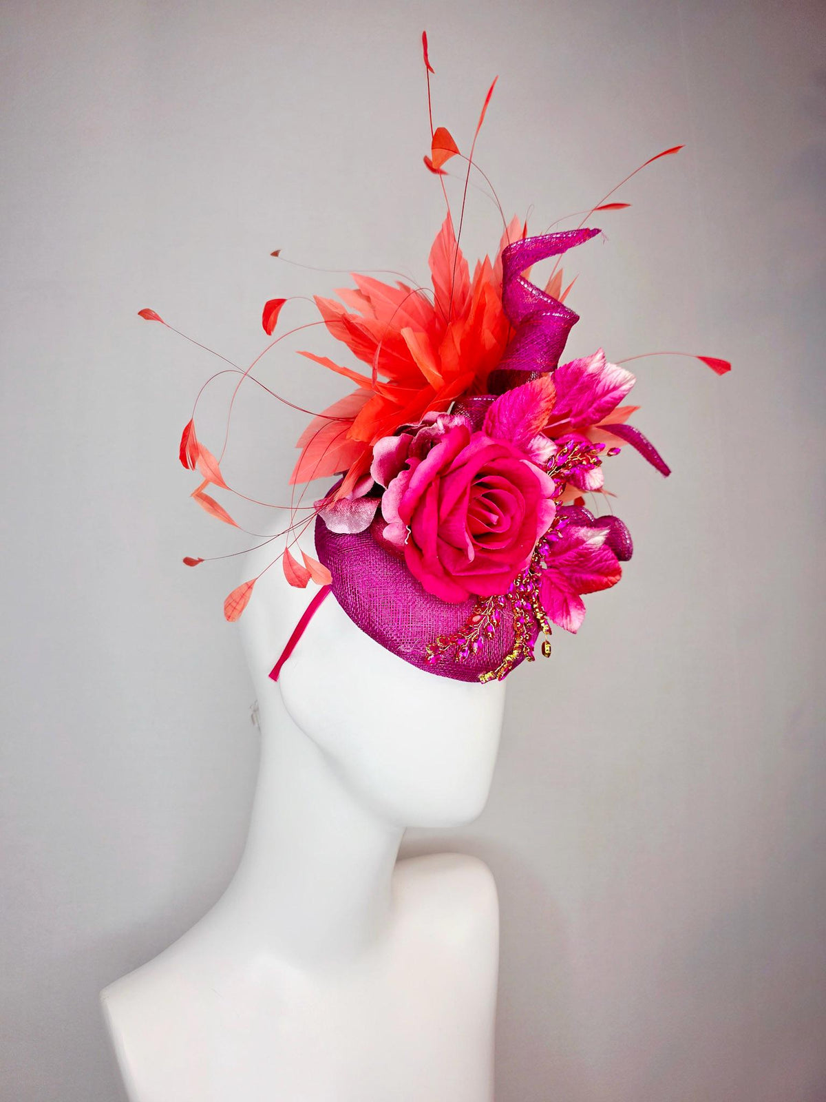 kentucky derby hat fascinator magenta purple sinamay with curls leaf vine pink crystal rhinestone hot pink satin rose leaves orange feathers