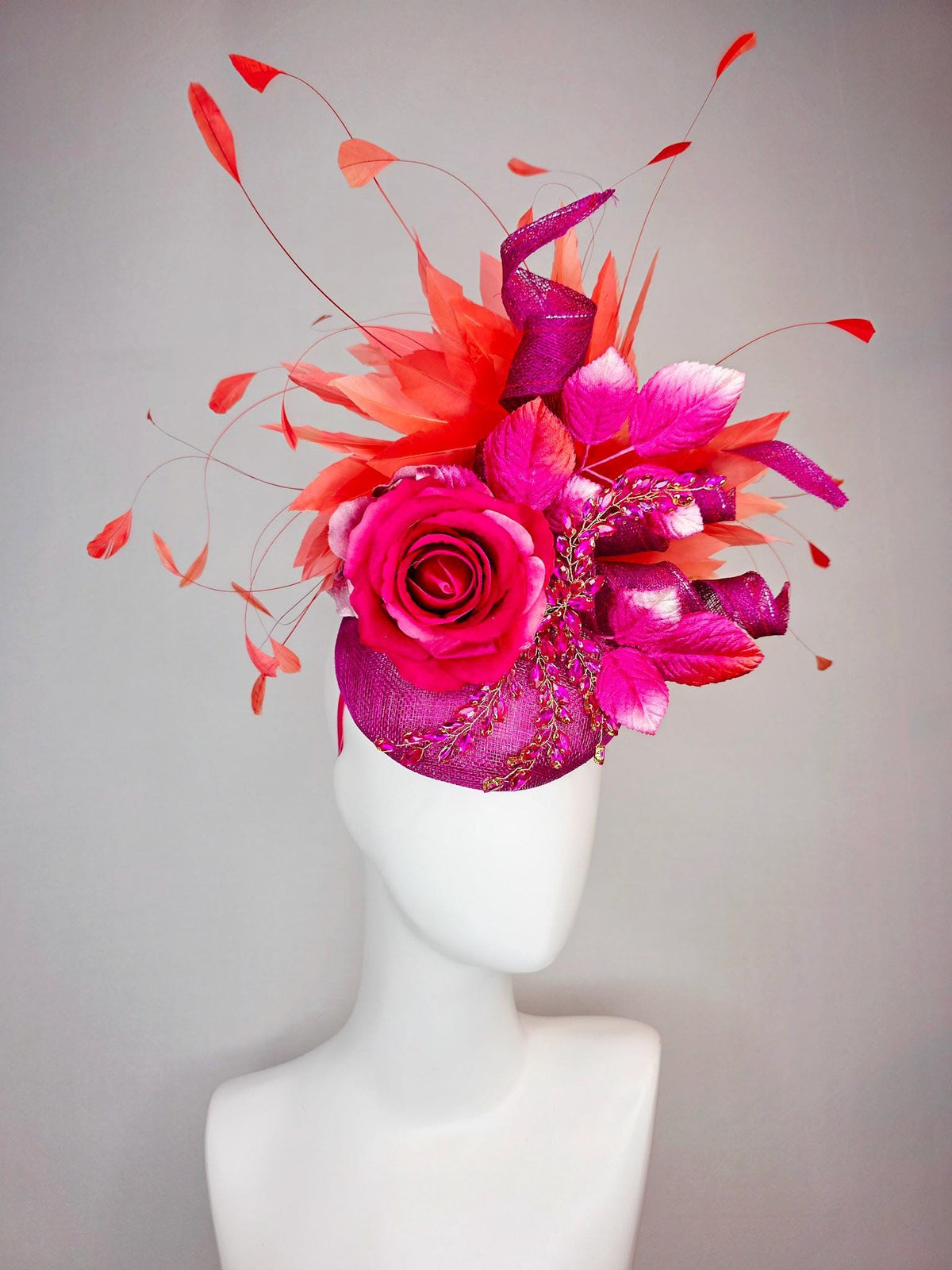 kentucky derby hat fascinator magenta purple sinamay with curls leaf vine pink crystal rhinestone hot pink satin rose leaves orange feathers