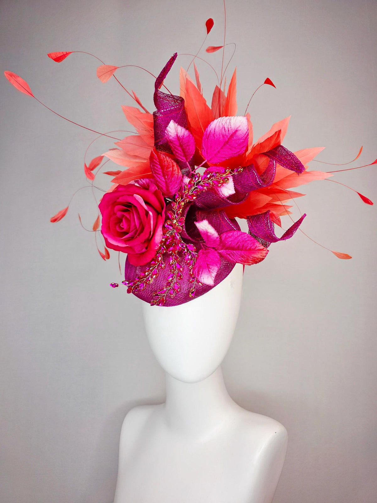 kentucky derby hat fascinator magenta purple sinamay with curls leaf vine pink crystal rhinestone hot pink satin rose leaves orange feathers