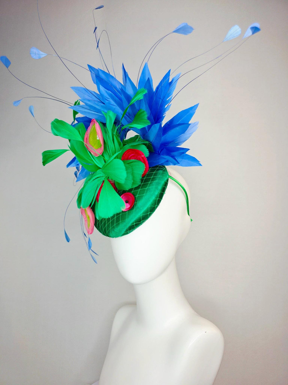 kentucky derby hat fascinator emerald green satin with netting emerald green feathers pink red lime green satin flowers royal blue feathers