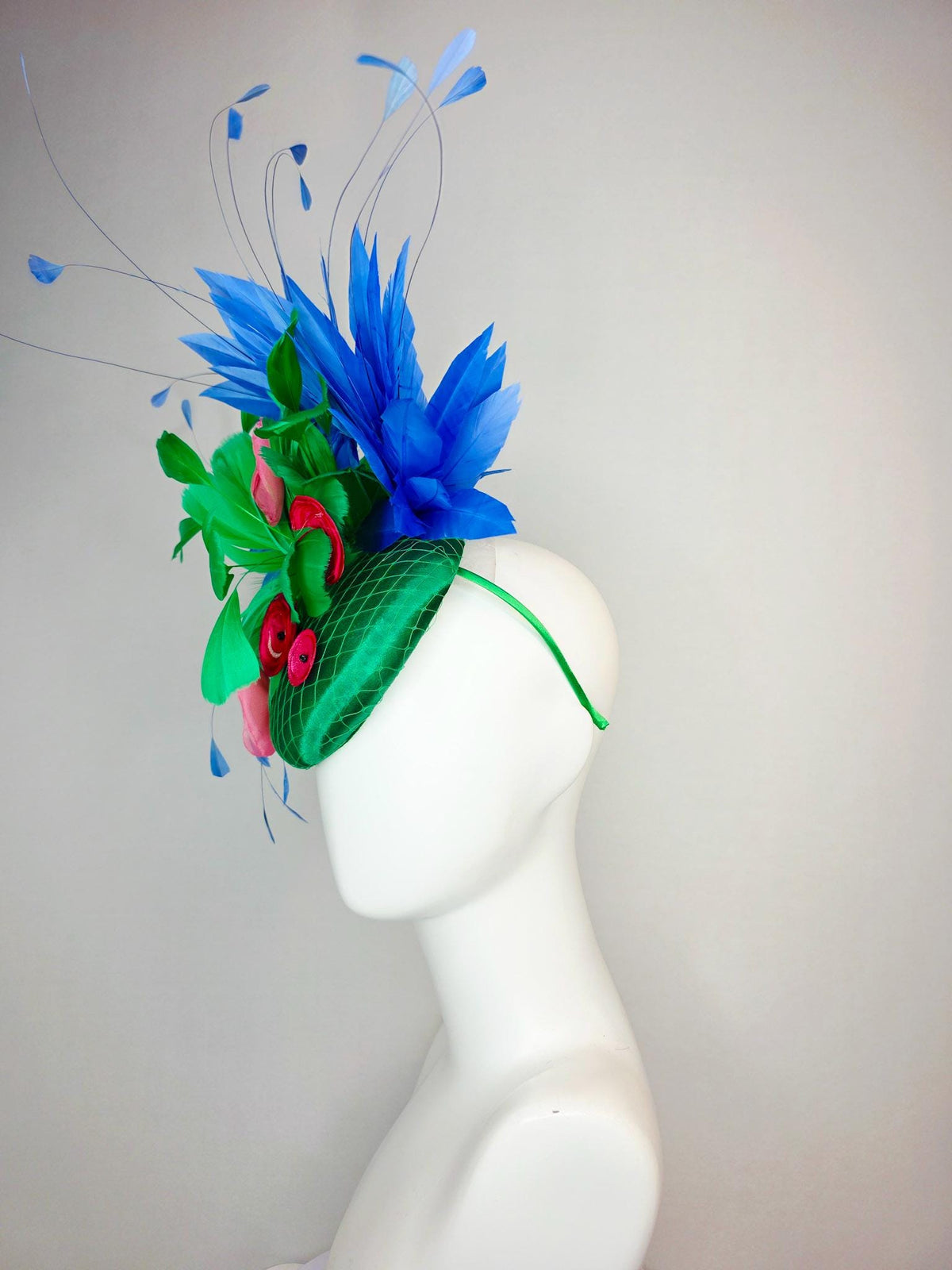 kentucky derby hat fascinator emerald green satin with netting emerald green feathers pink red lime green satin flowers royal blue feathers