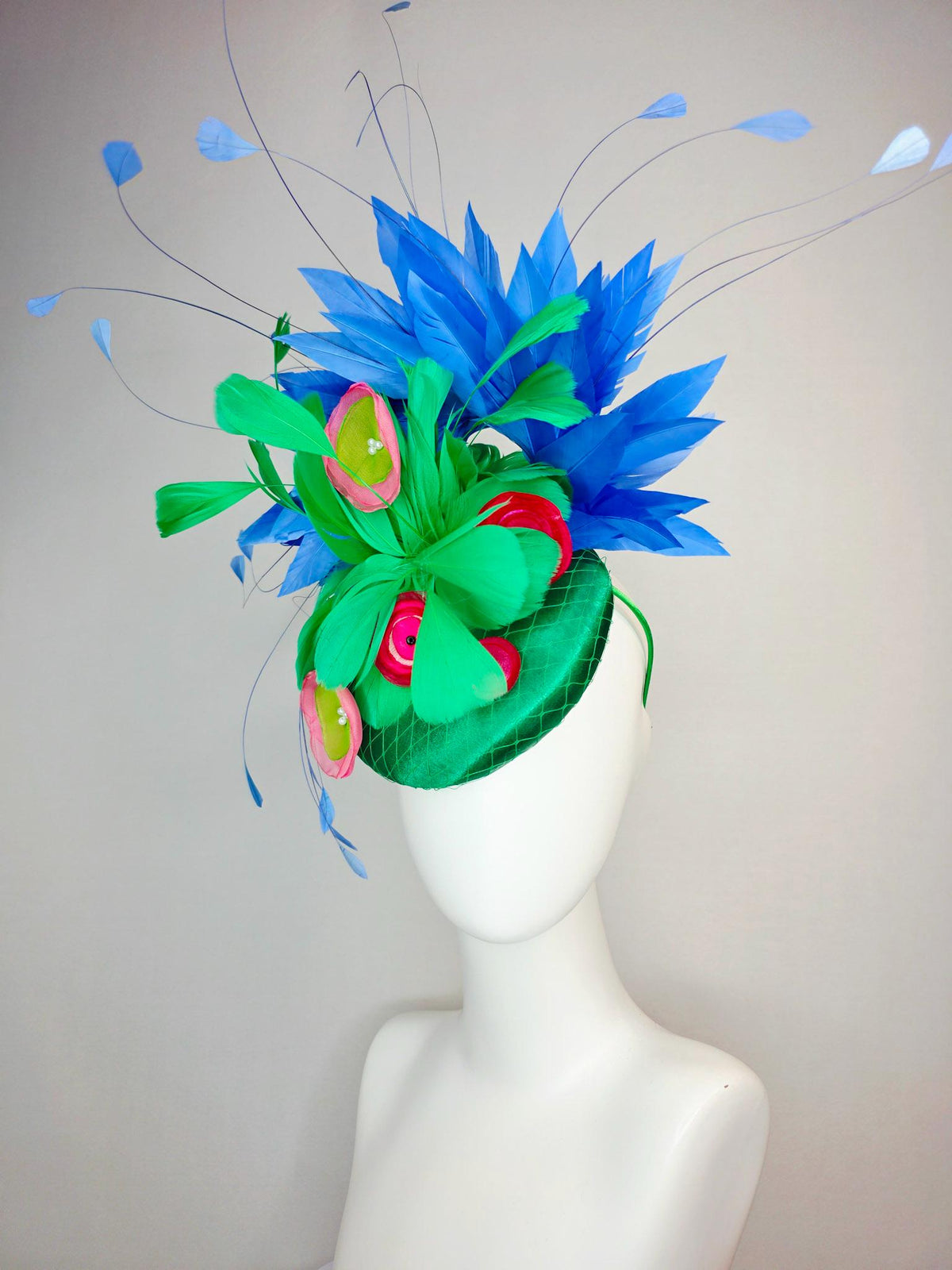 kentucky derby hat fascinator emerald green satin with netting emerald green feathers pink red lime green satin flowers royal blue feathers