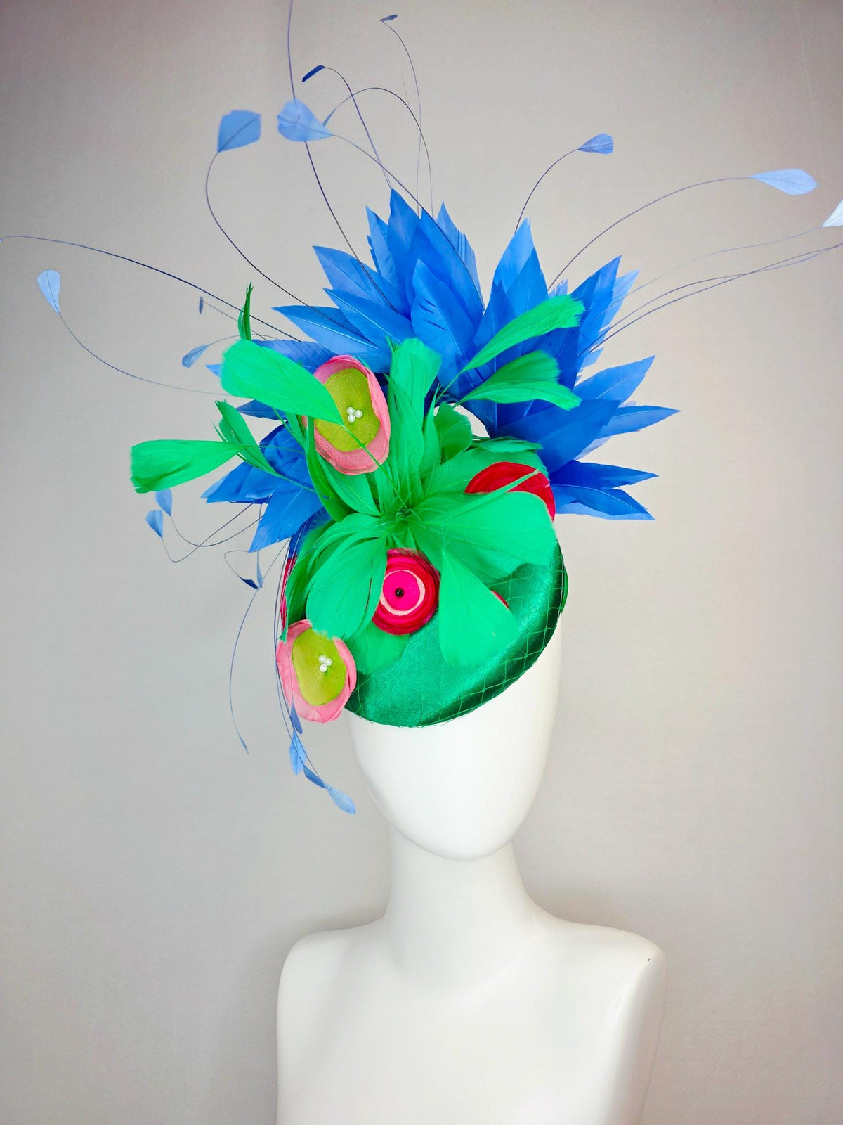 kentucky derby hat fascinator emerald green satin with netting emerald green feathers pink red lime green satin flowers royal blue feathers