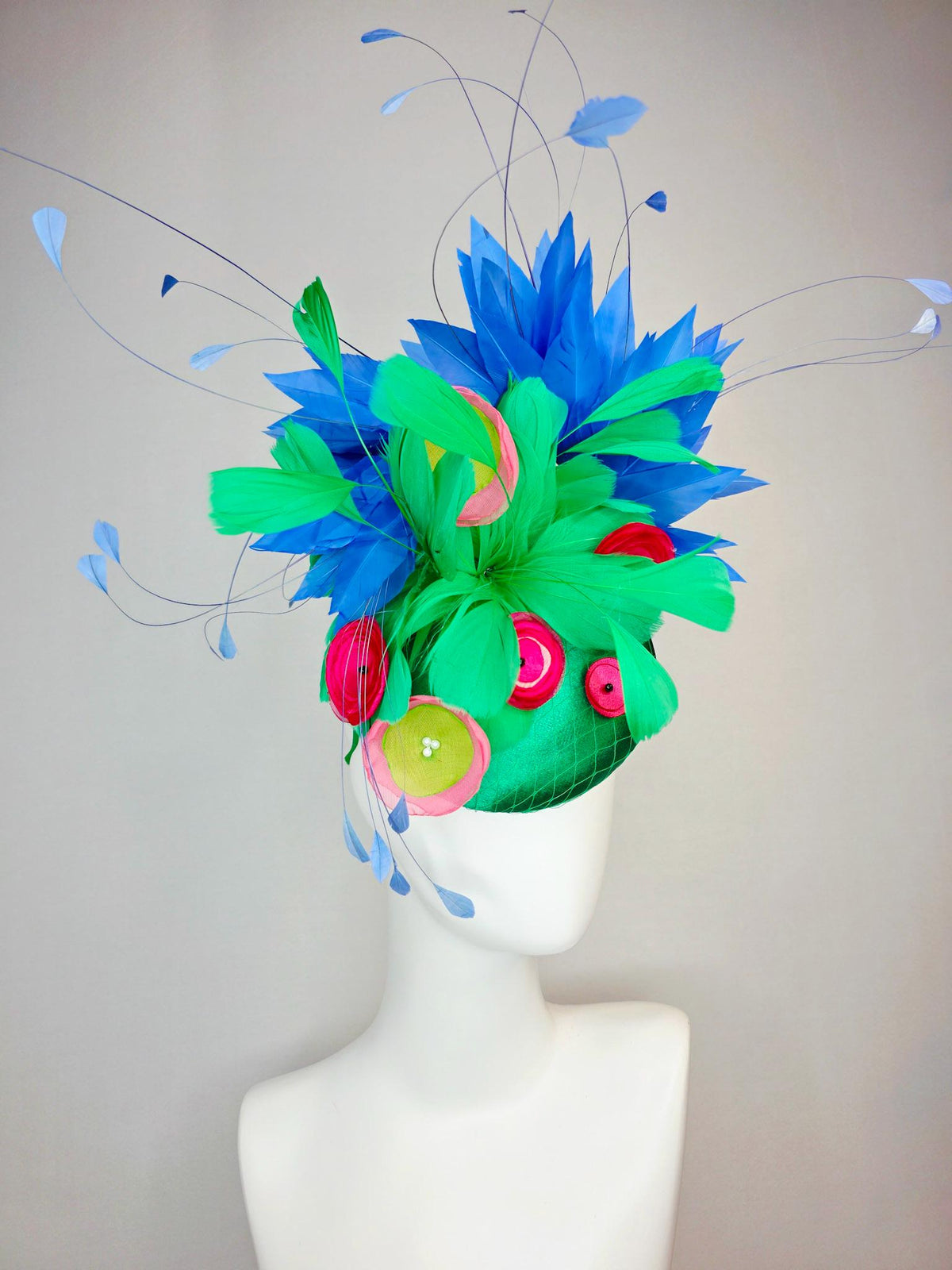 kentucky derby hat fascinator emerald green satin with netting emerald green feathers pink red lime green satin flowers royal blue feathers
