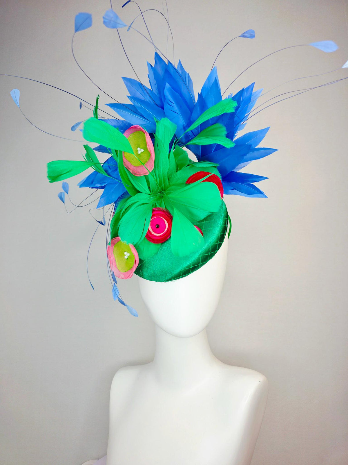 kentucky derby hat fascinator emerald green satin with netting emerald green feathers pink red lime green satin flowers royal blue feathers