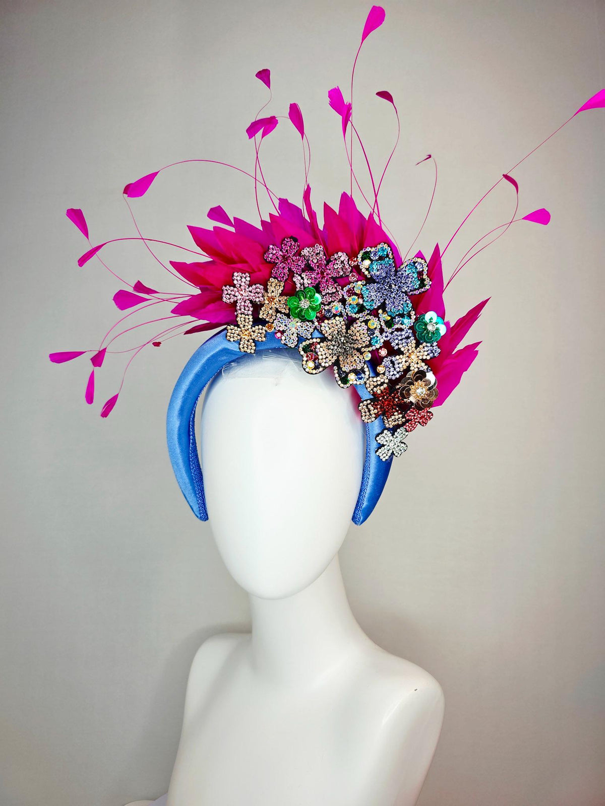kentucky derby hat fascinator blue satin headband with colorful silver gold red pink green blue purple crystal flowers bright pink feathers
