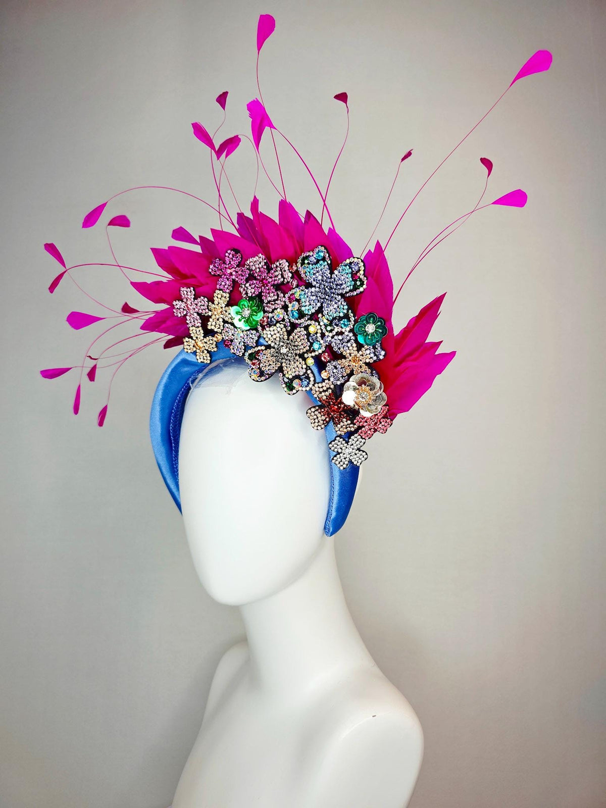 kentucky derby hat fascinator blue satin headband with colorful silver gold red pink green blue purple crystal flowers bright pink feathers
