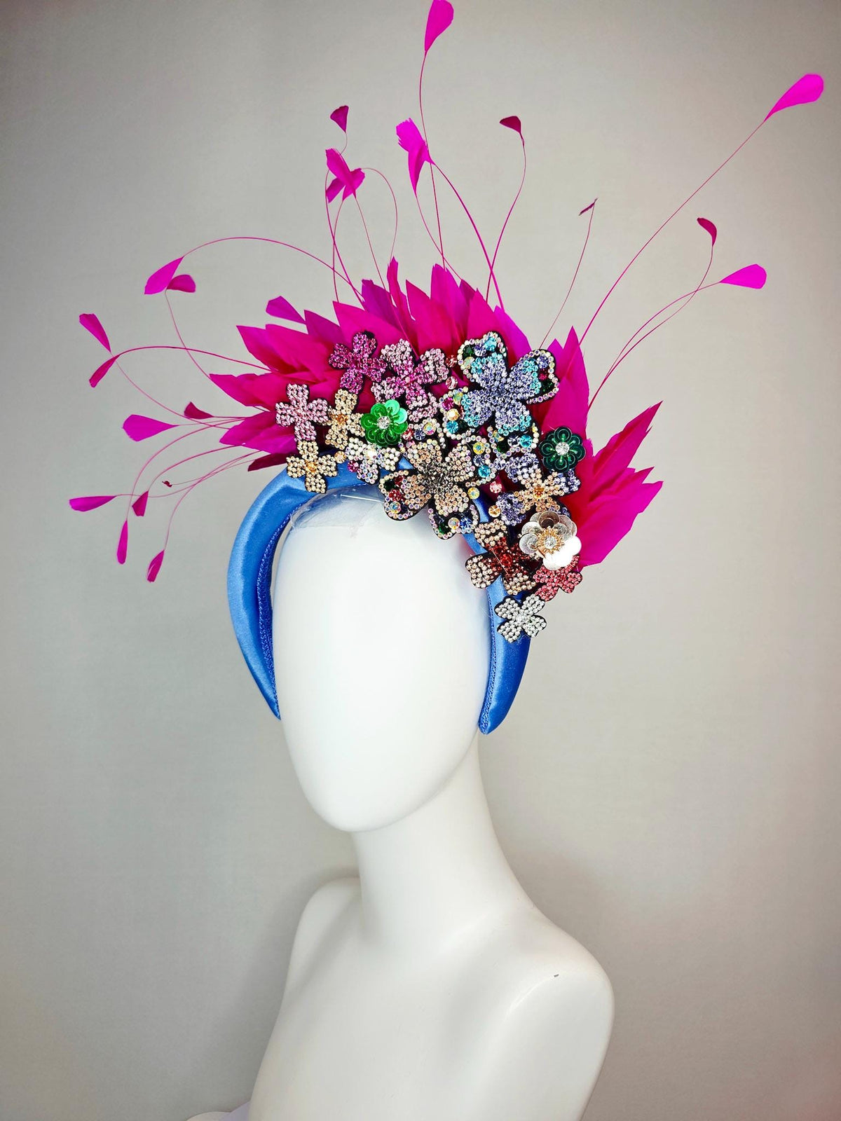 kentucky derby hat fascinator blue satin headband with colorful silver gold red pink green blue purple crystal flowers bright pink feathers