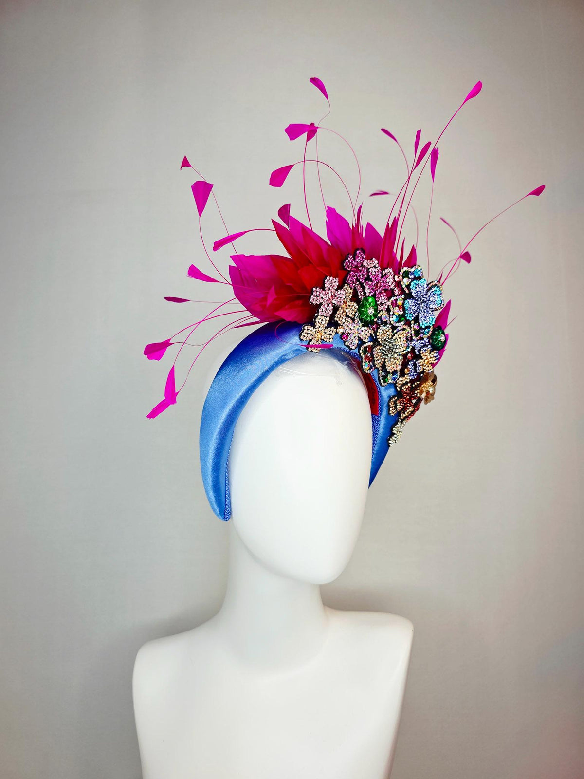 kentucky derby hat fascinator blue satin headband with colorful silver gold red pink green blue purple crystal flowers bright pink feathers