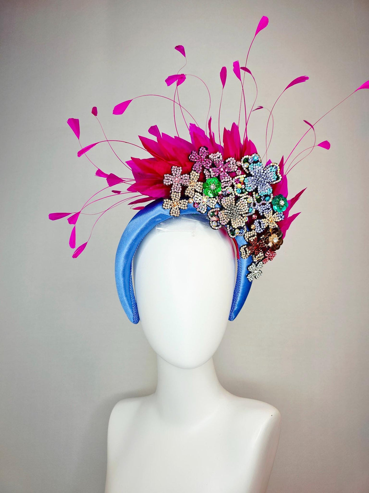 kentucky derby hat fascinator blue satin headband with colorful silver gold red pink green blue purple crystal flowers bright pink feathers
