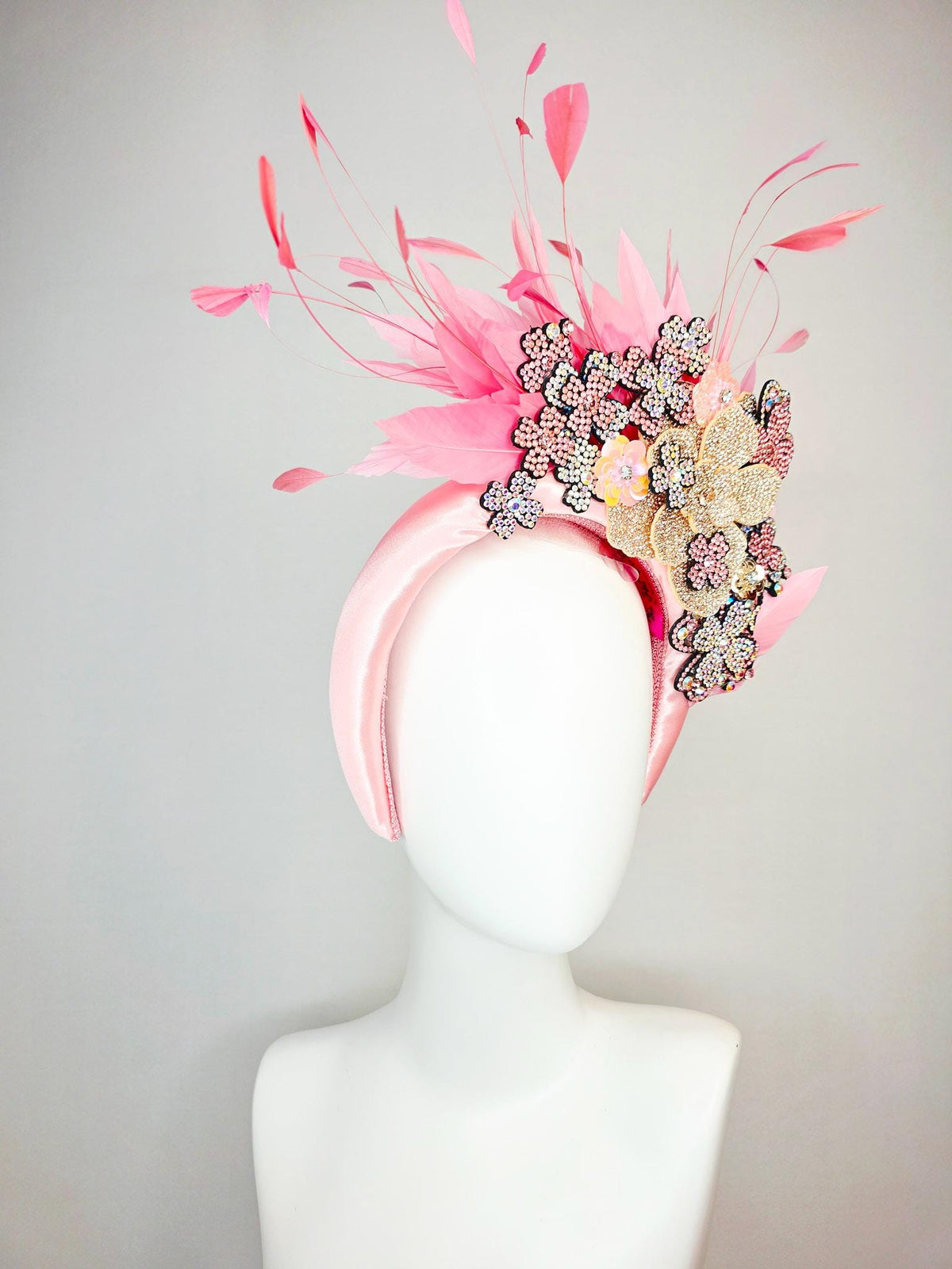 kentucky derby hat fascinator light pink satin headband with silver gold pink iridescent crystal flowers light baby pink branching feathers