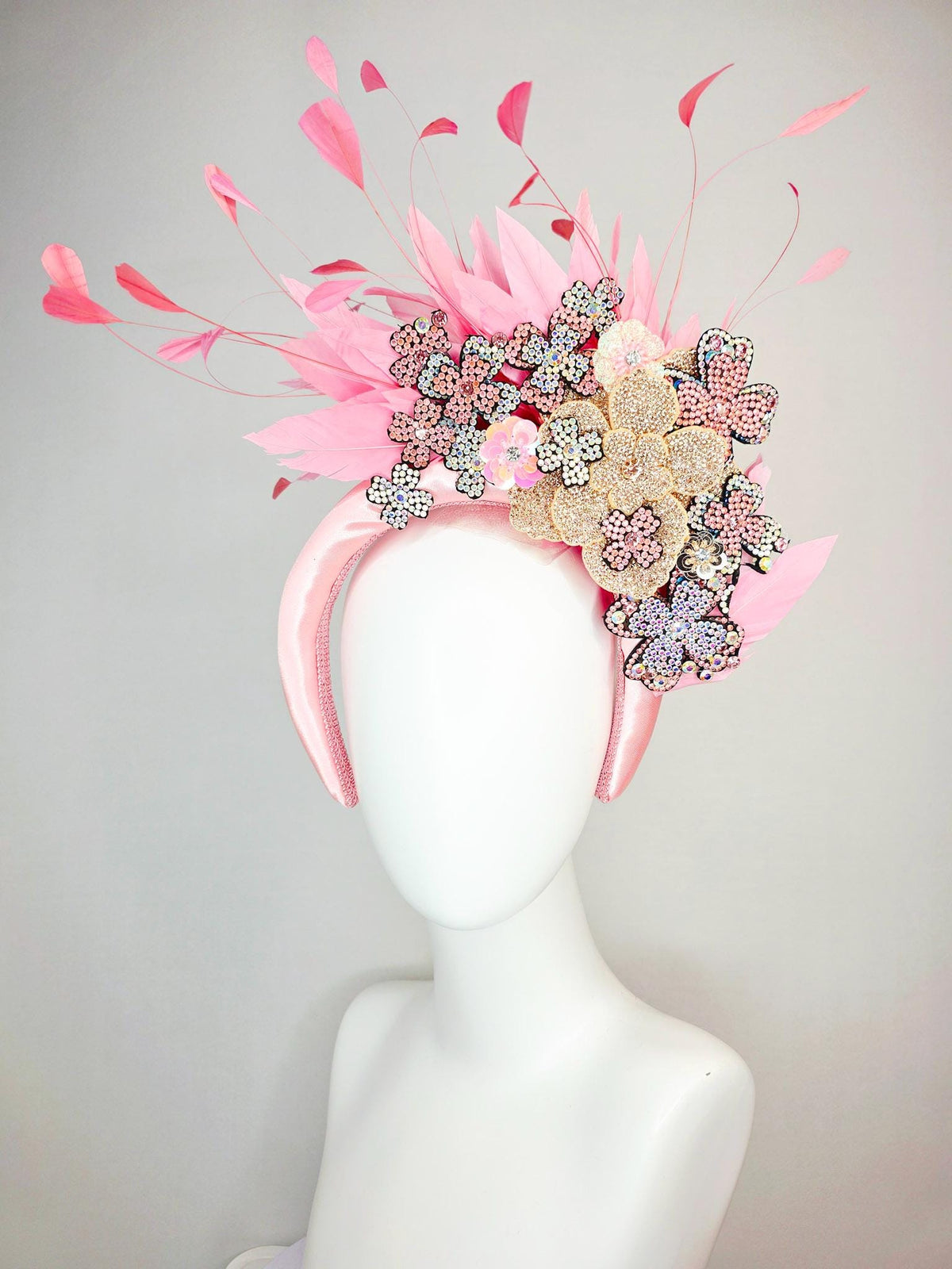 kentucky derby hat fascinator light pink satin headband with silver gold pink iridescent crystal flowers light baby pink branching feathers