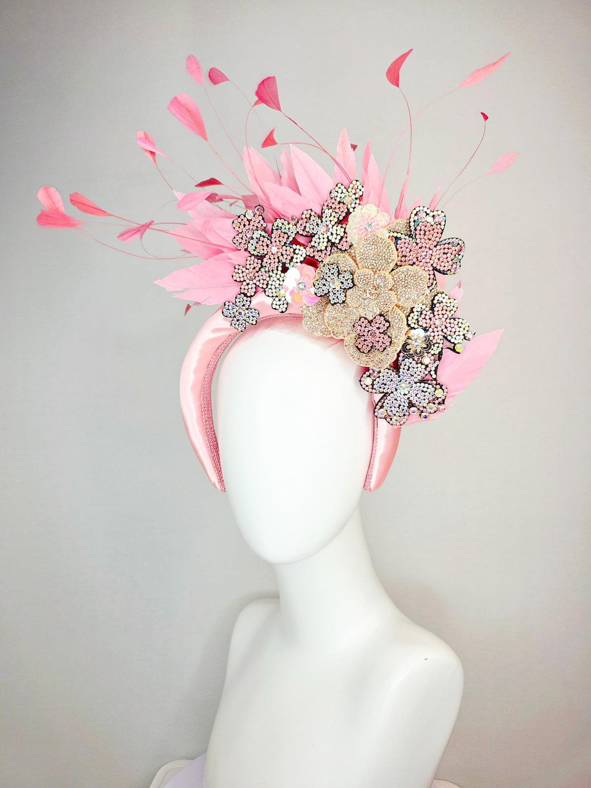 kentucky derby hat fascinator light pink satin headband with silver gold pink iridescent crystal flowers light baby pink branching feathers
